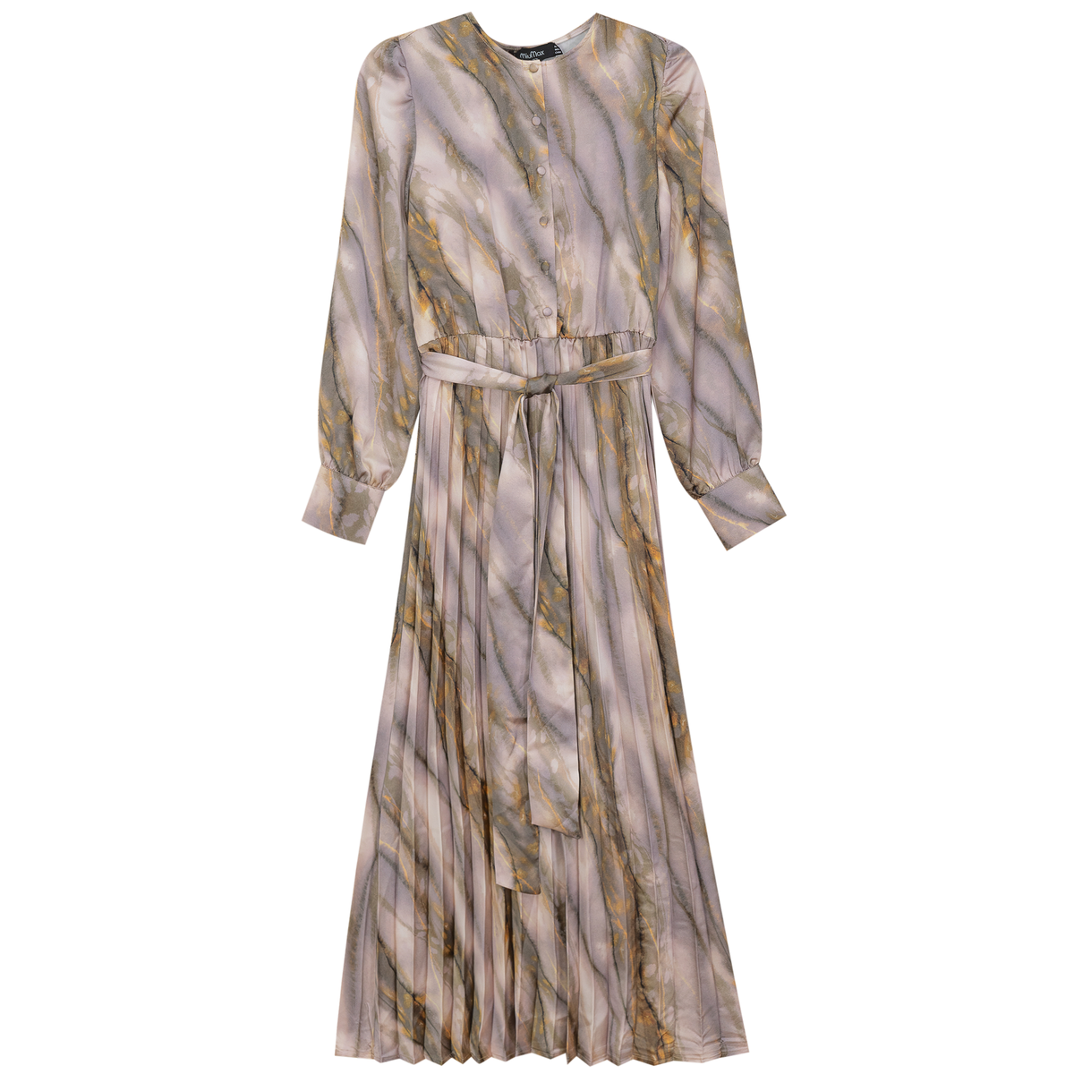 Printed Satin Accordian Pleated Dress in Champagne by MiuMax