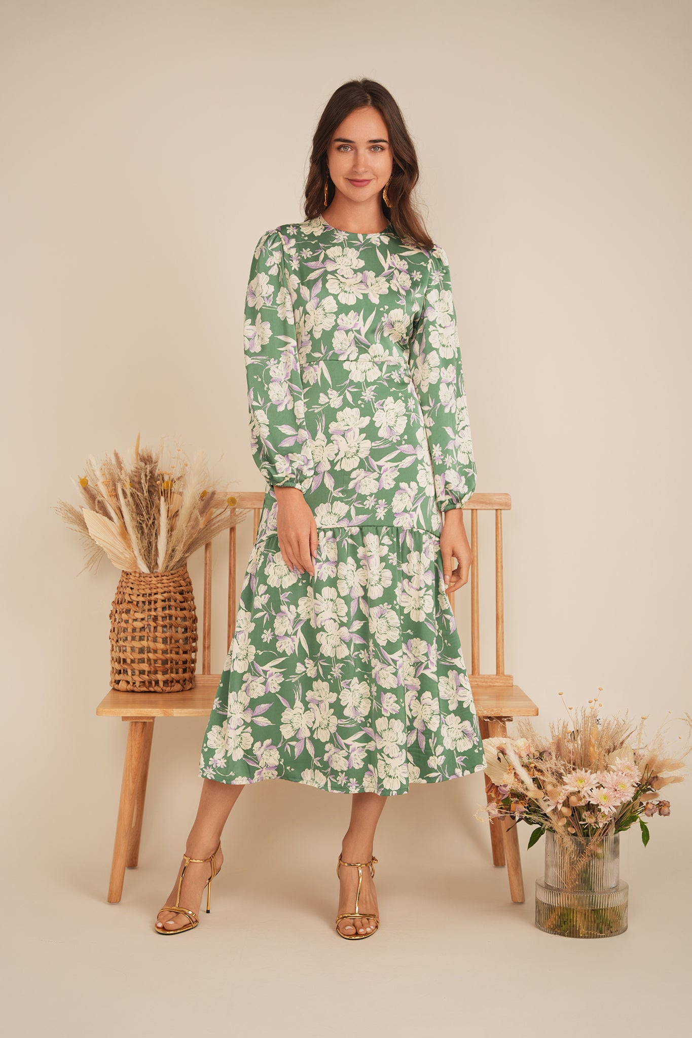 Satin Floral Midi Dress in by MiuMax