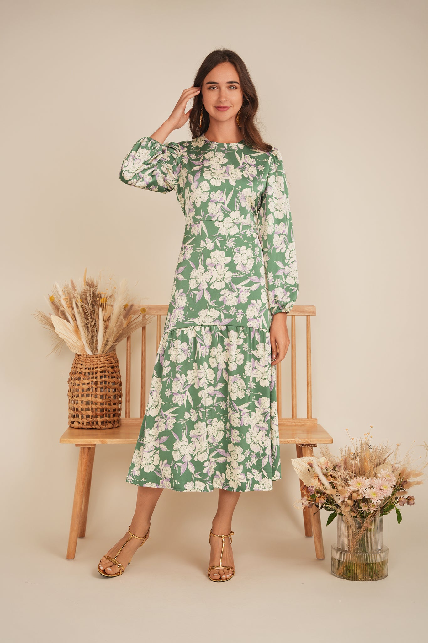 Satin Floral Midi Dress in by MiuMax