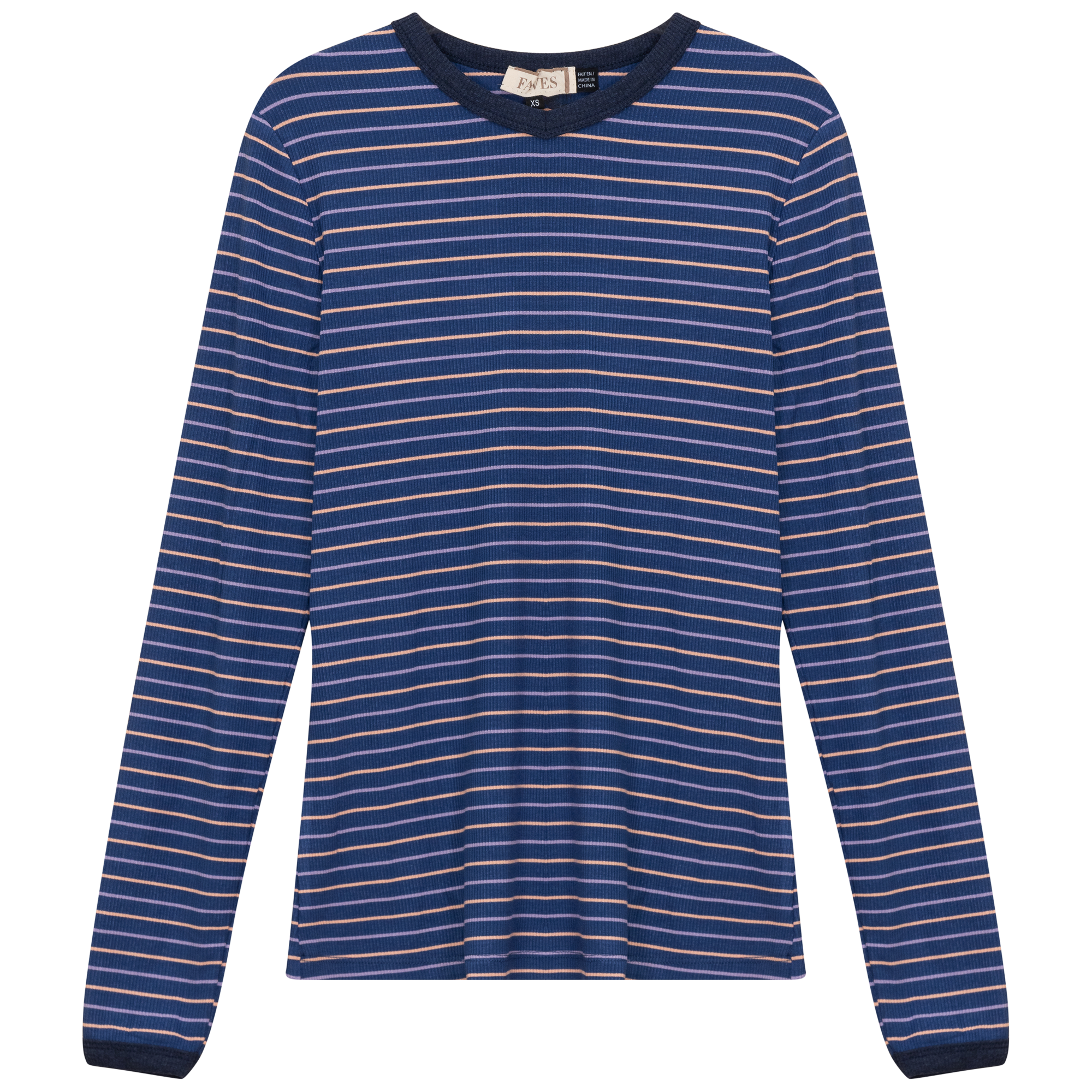 Ribbed Stripped V Neck Tee in Dark Denim by Faves