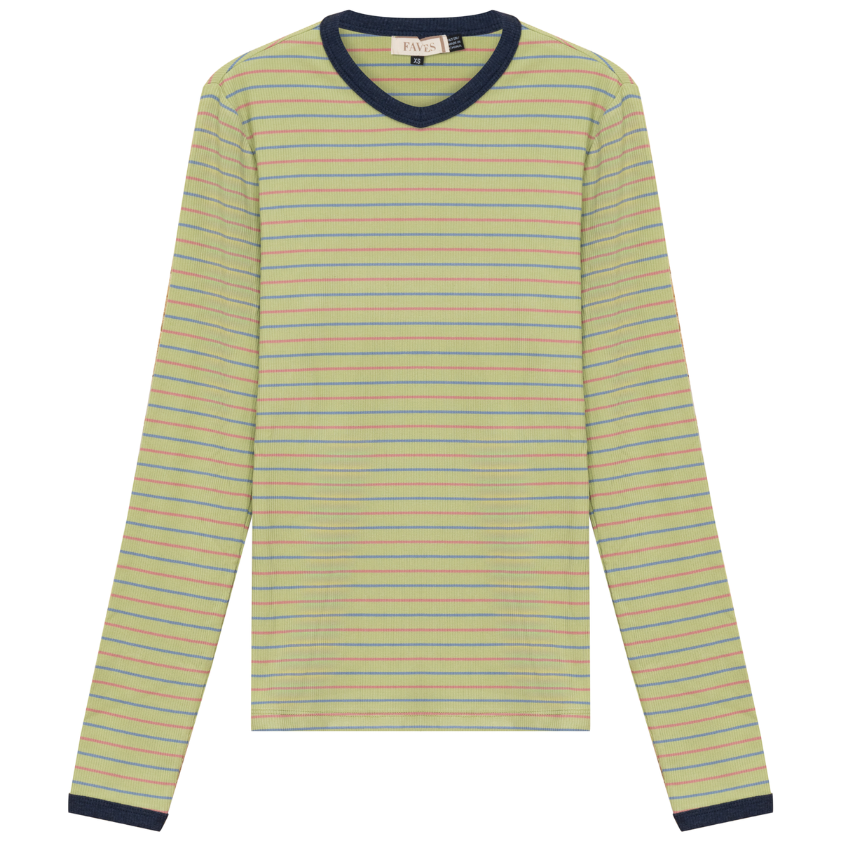 Ribbed Stripped V Neck Tee in Leaf Green by Faves