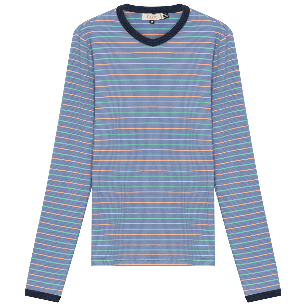 Ribbed Stripped V Neck Tee in Light Denim by Faves