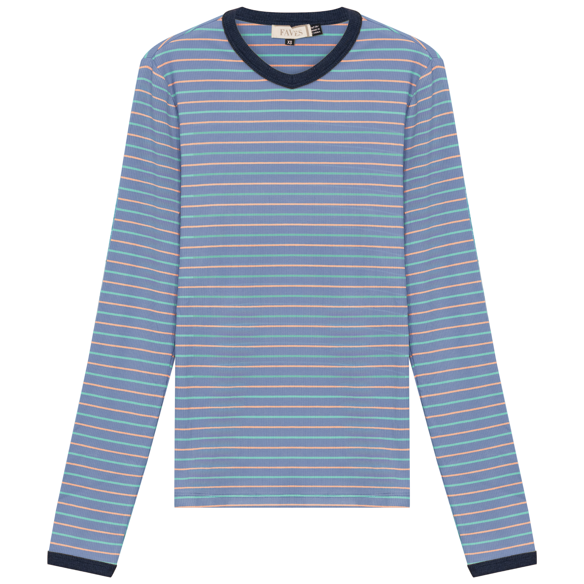 Ribbed Stripped V Neck Tee in Light Denim by Faves