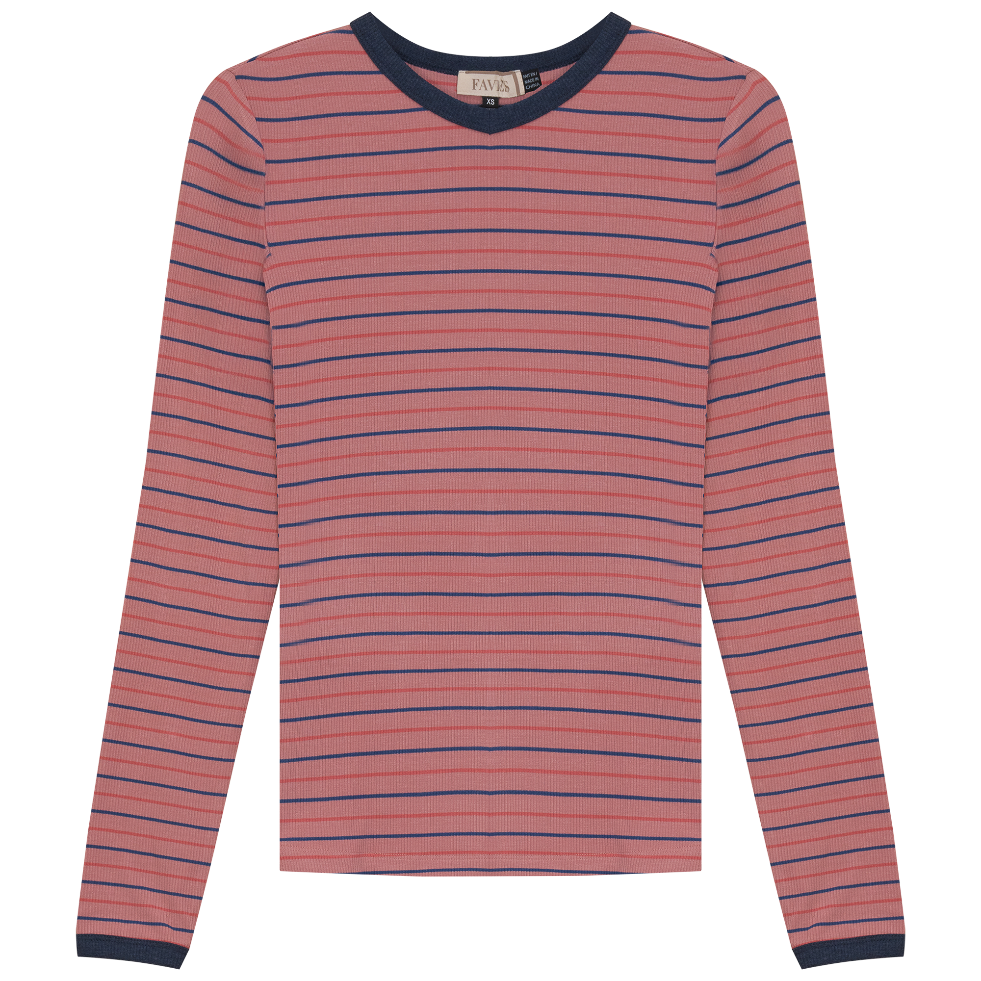 Ribbed Stripped V Neck Tee in Rose by Faves