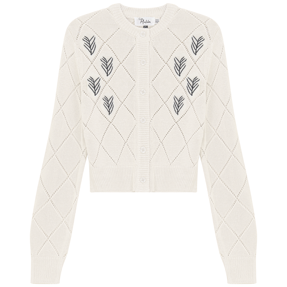 Cropped Crochet Embroidered Cardigan in Off White by Club Malibu