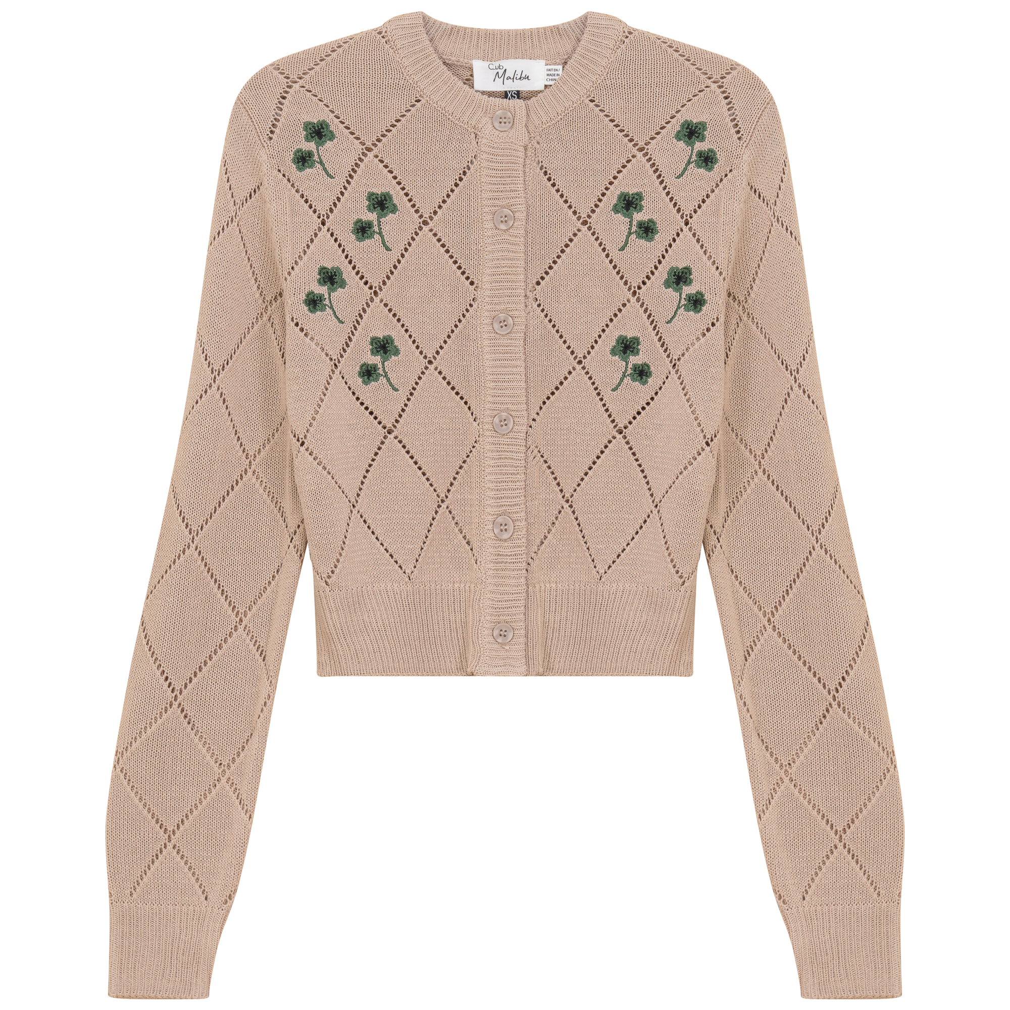 Cropped Crochet Embroidered Cardigan in Stone by Club Malibu