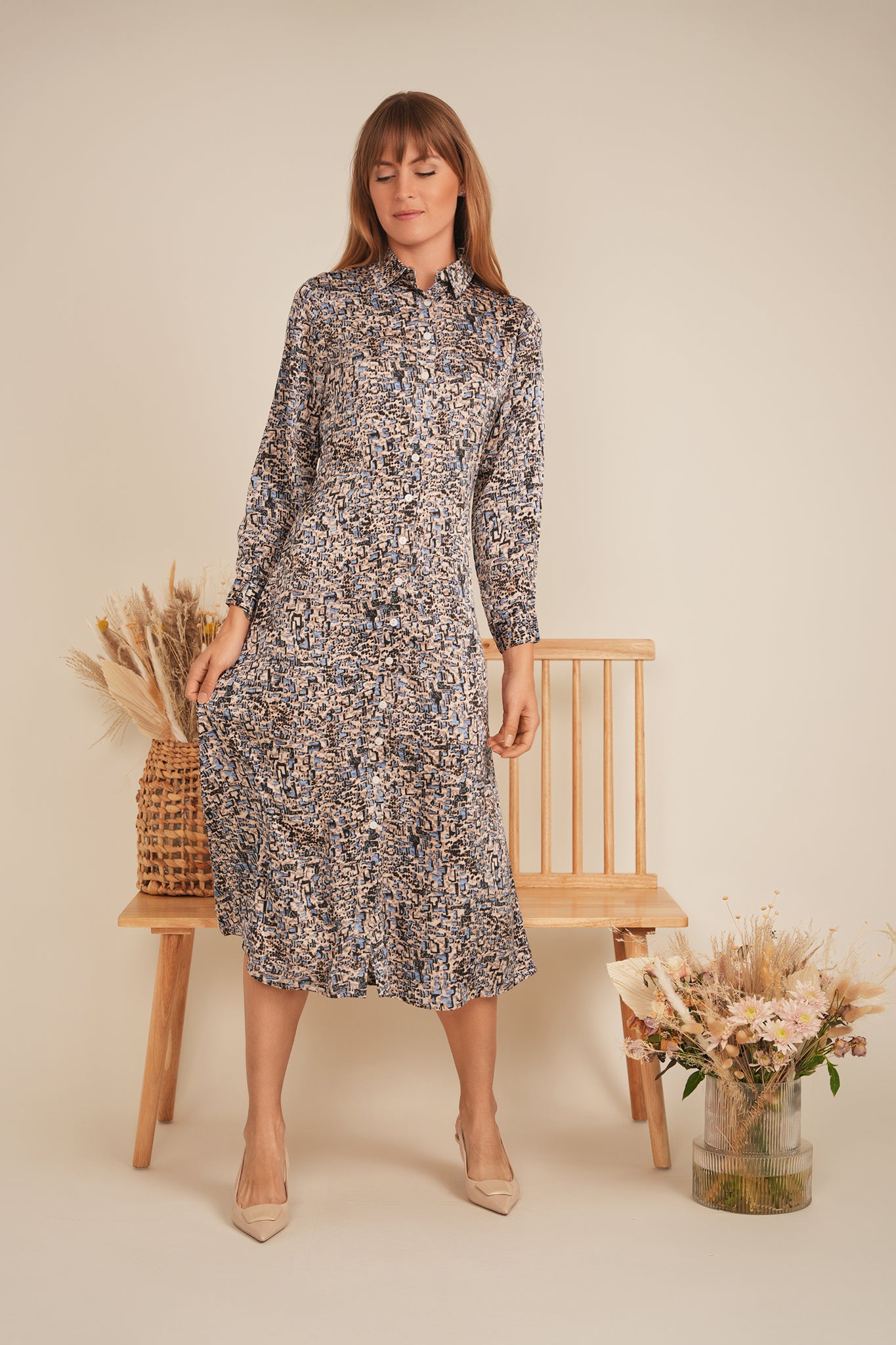 Printed Satin Midi Shirt Dress in by Coco de la Mour