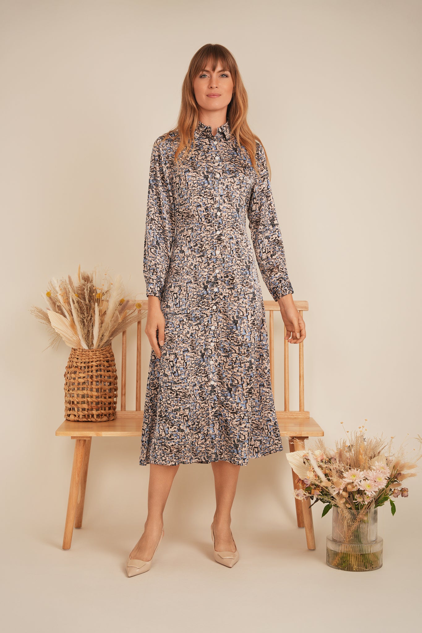 Printed Satin Midi Shirt Dress in by Coco de la Mour