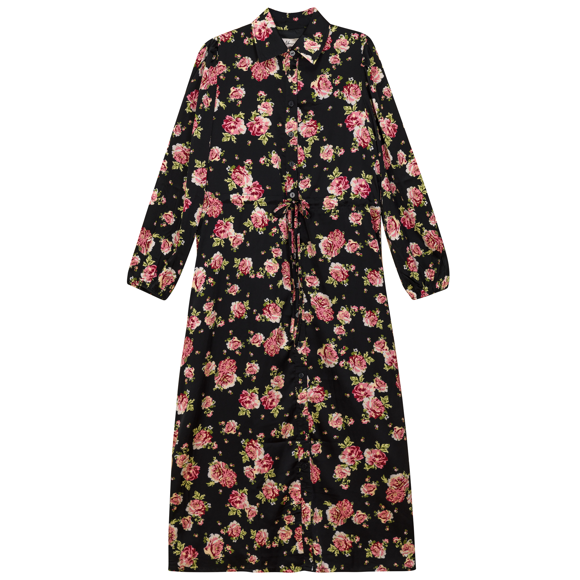 Printed Satin Belted Shirt Dress in Black by The Norway Club
