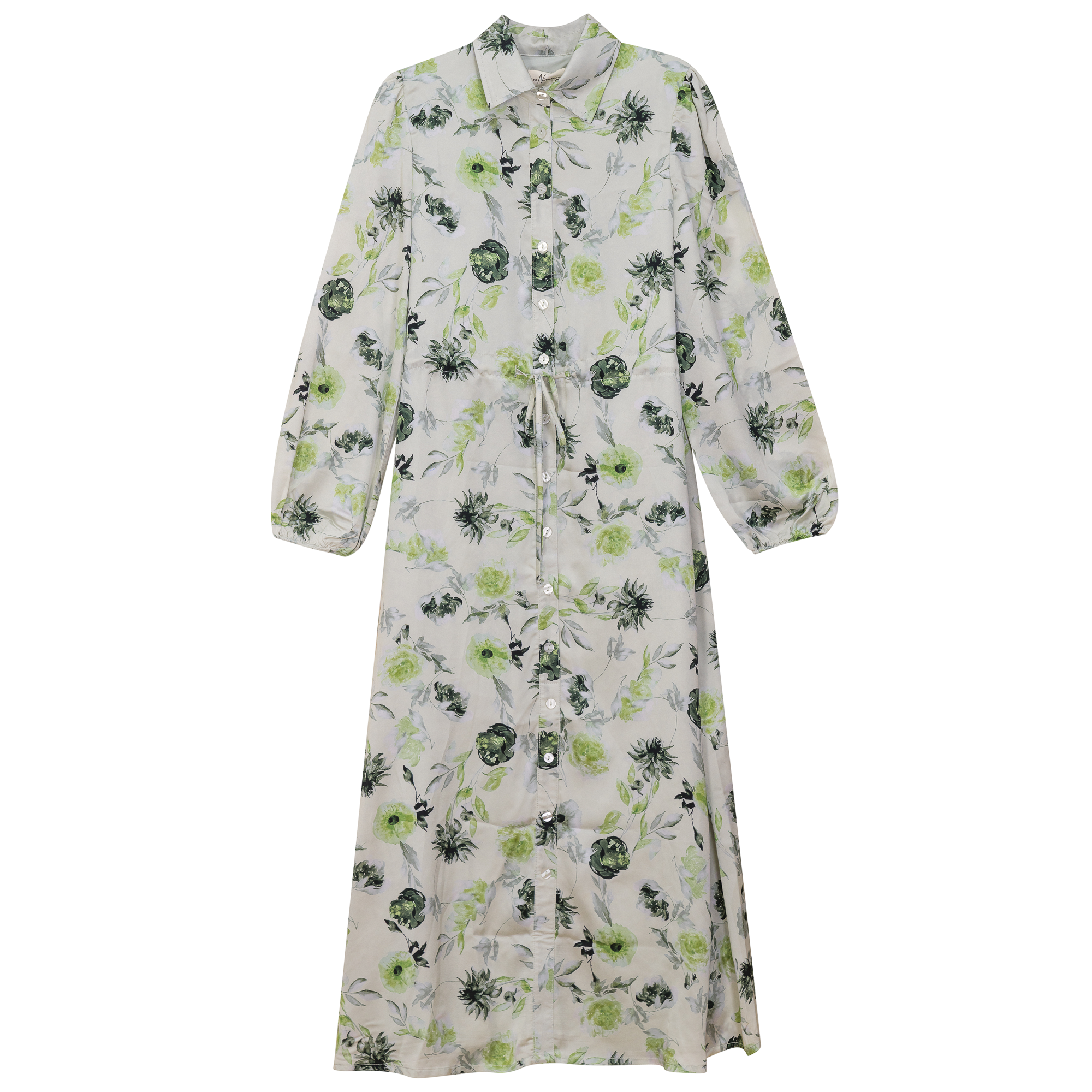 Printed Satin Belted Shirt Dress in Green by The Norway Club