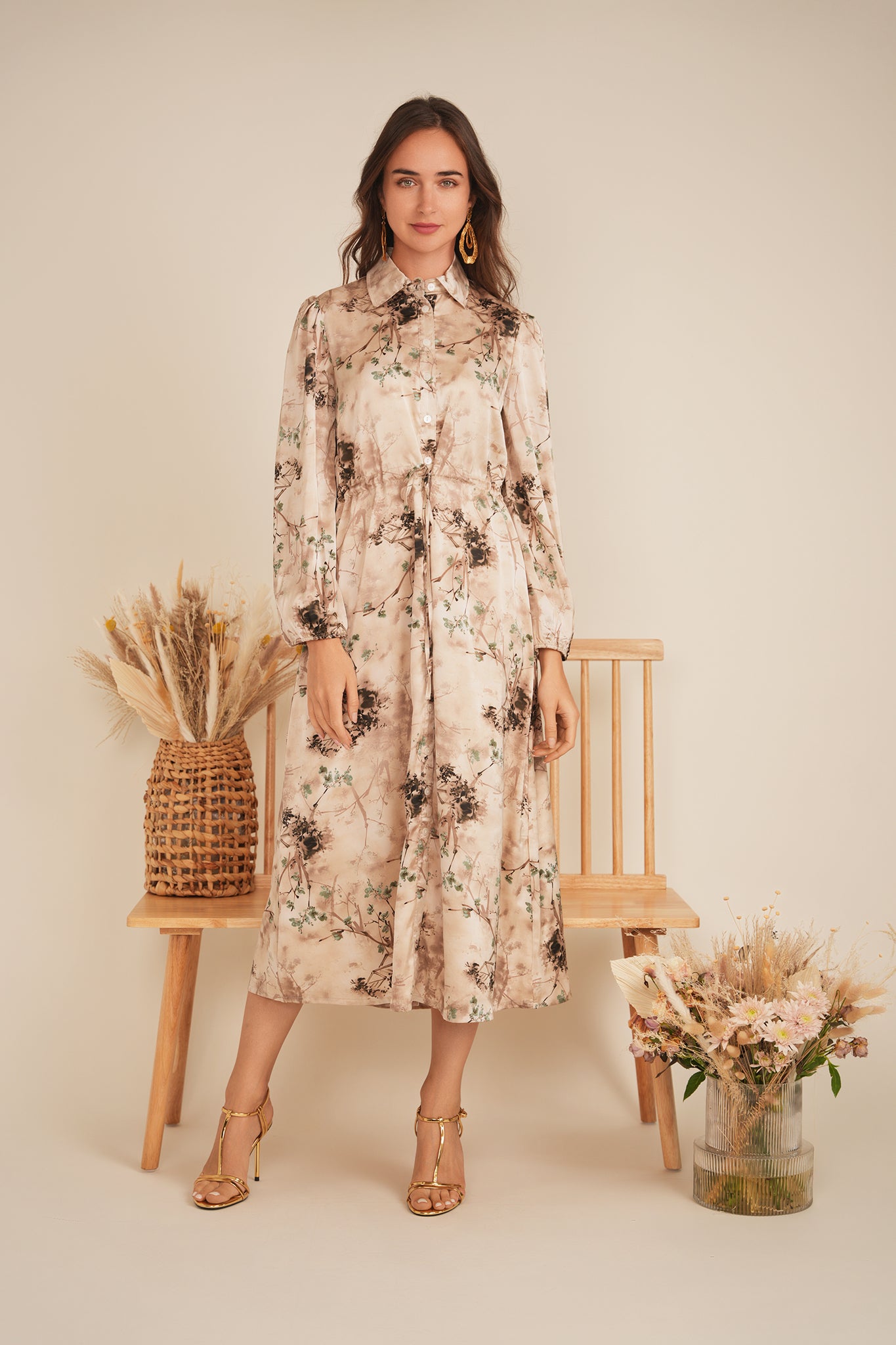 Printed Satin Belted Shirt Dress in by The Norway Club