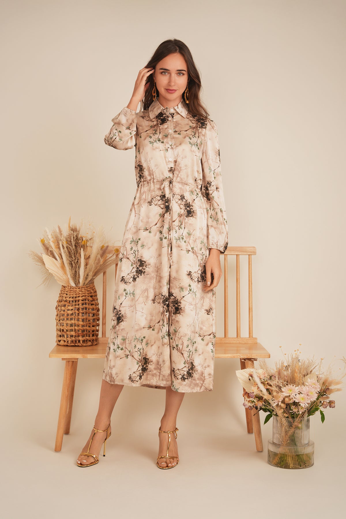 Printed Satin Belted Shirt Dress in by The Norway Club