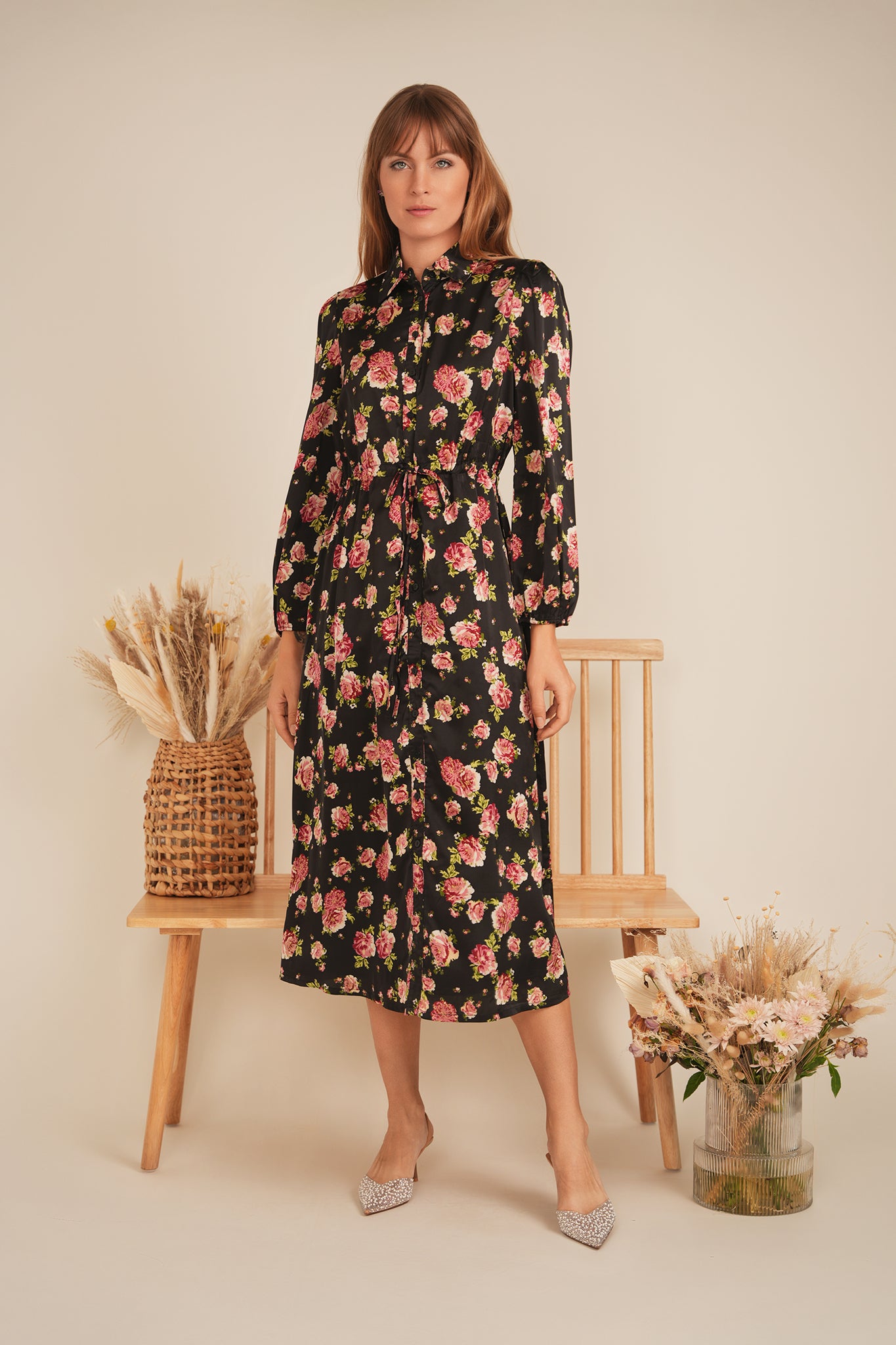 Printed Satin Belted Shirt Dress in by The Norway Club