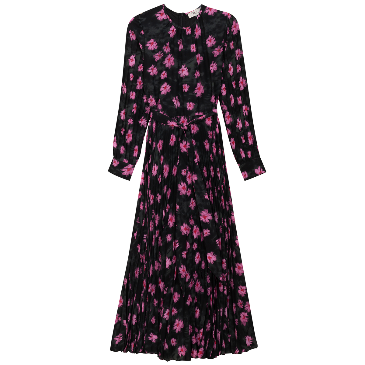 Satin Mosaic Pleated Midi Dress in Black Pink by Club Malibu