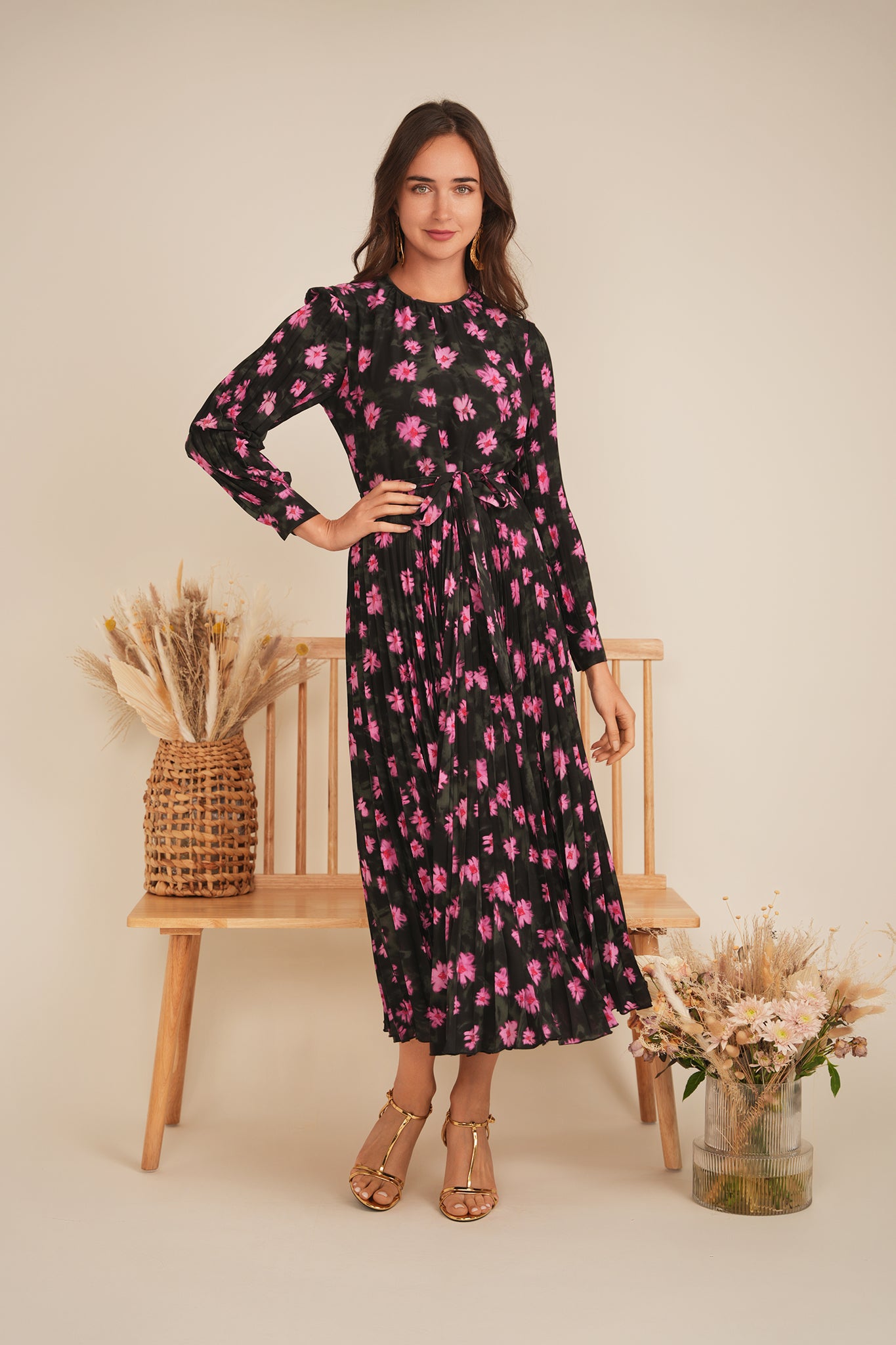 Satin Mosaic Pleated Midi Dress in by Club Malibu