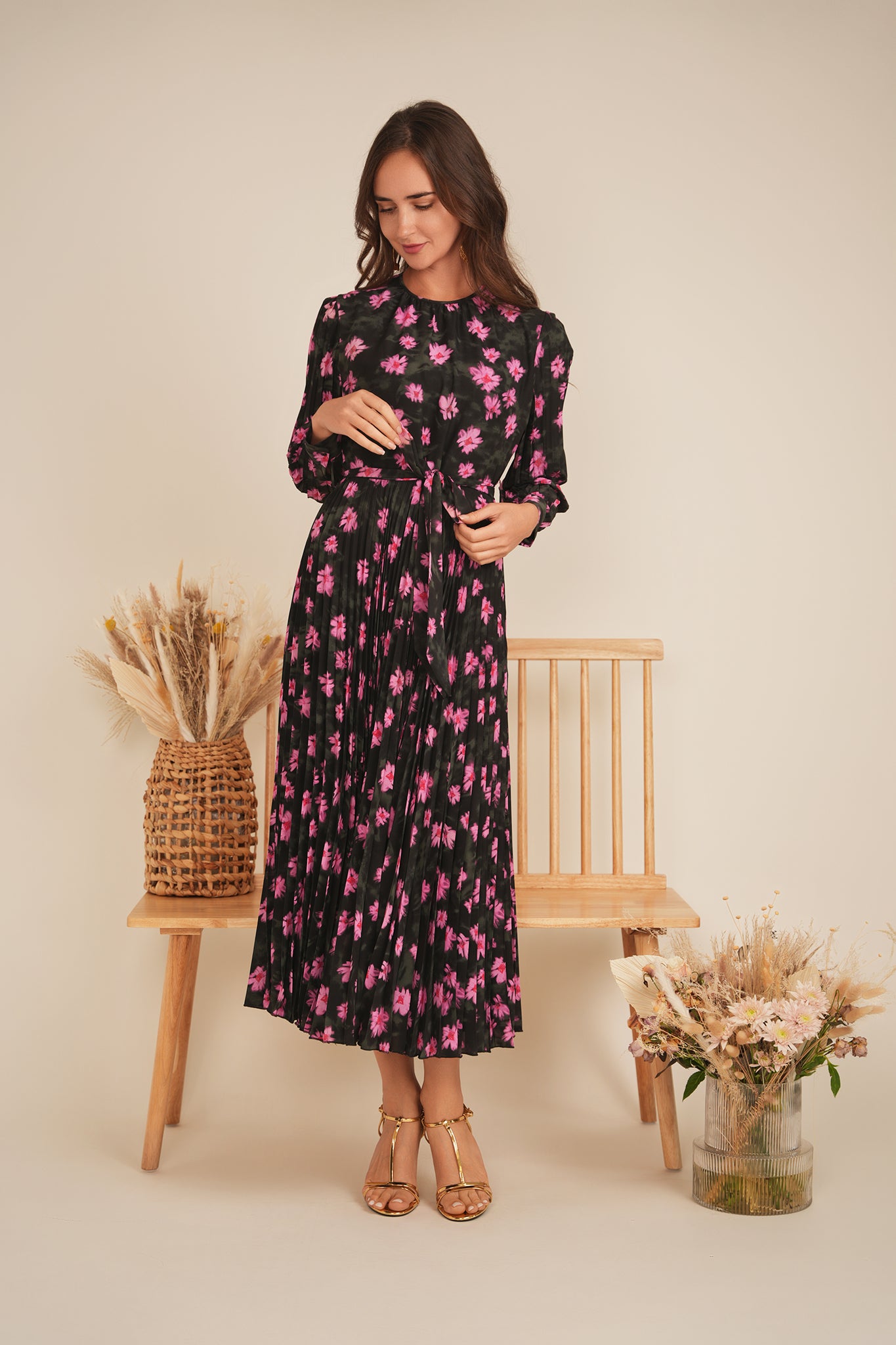 Satin Mosaic Pleated Midi Dress in by Club Malibu