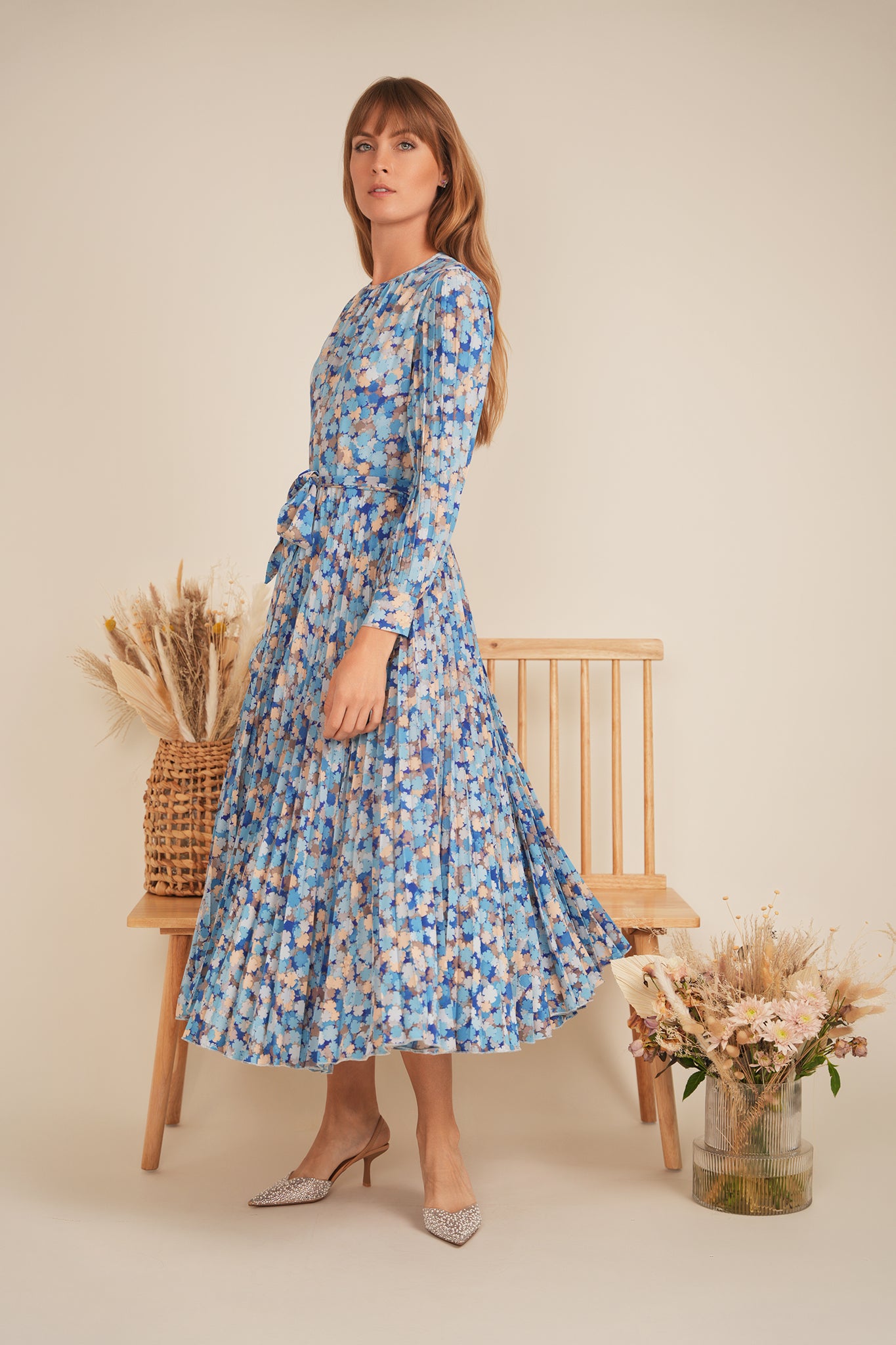 Satin Mosaic Pleated Midi Dress in by Club Malibu