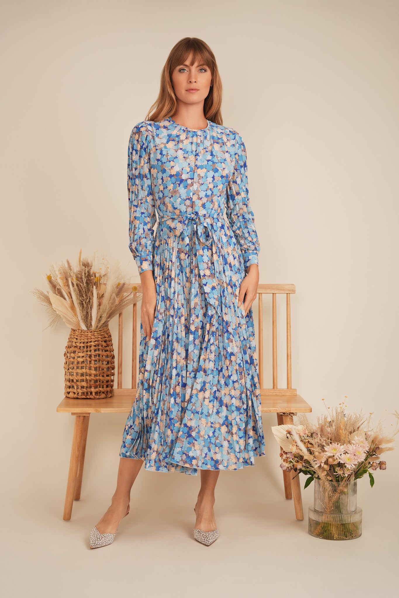 Satin Mosaic Pleated Midi Dress in by Club Malibu