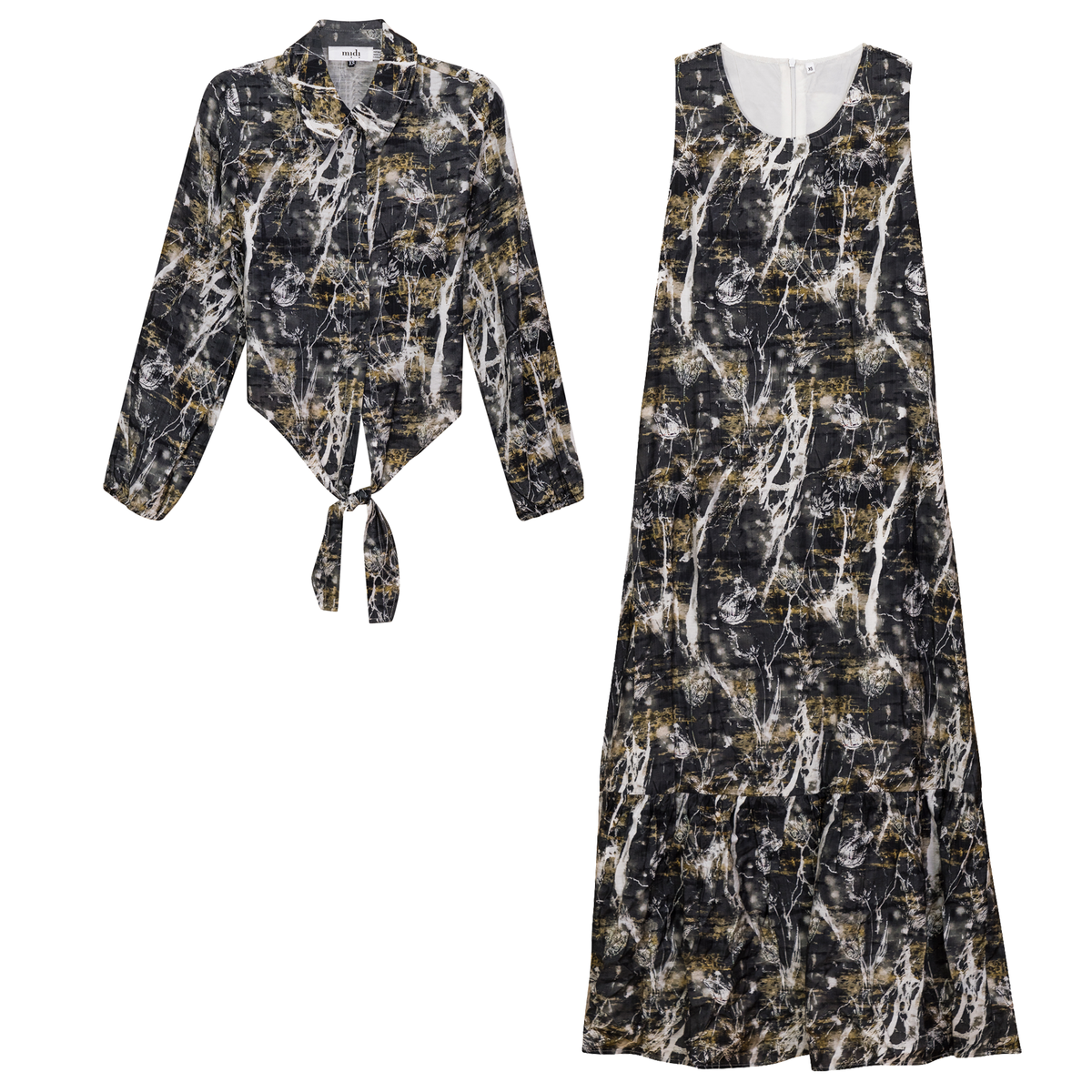 Printed Linen Midi Jumper Shirt Set in Black by Midi