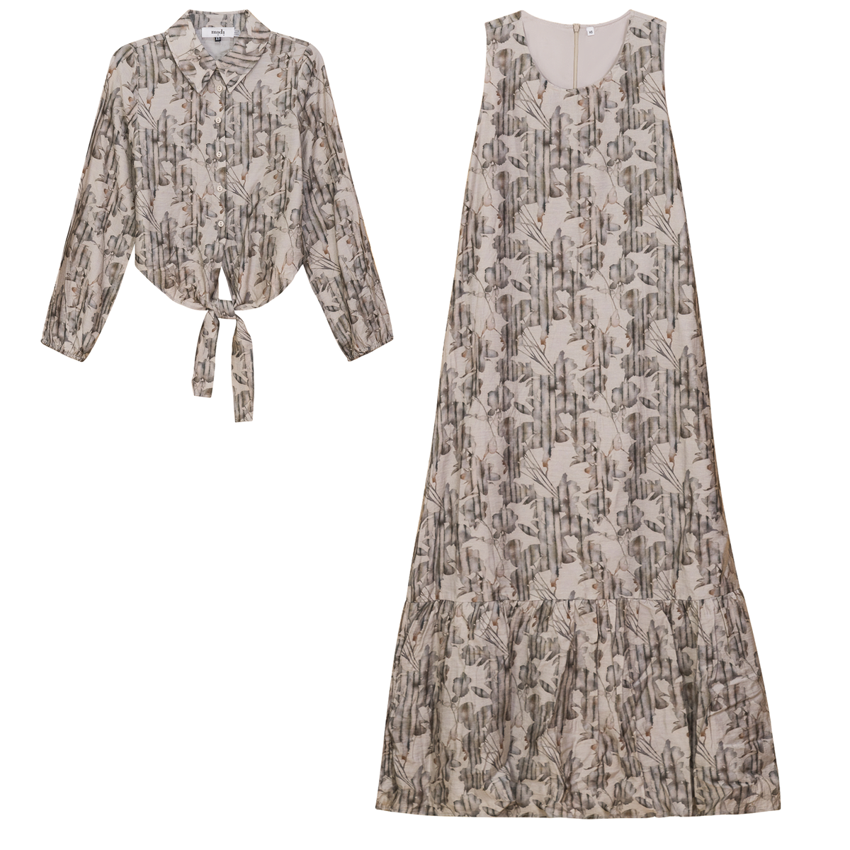 Printed Linen Midi Jumper Shirt Set in Oatmeal by Midi