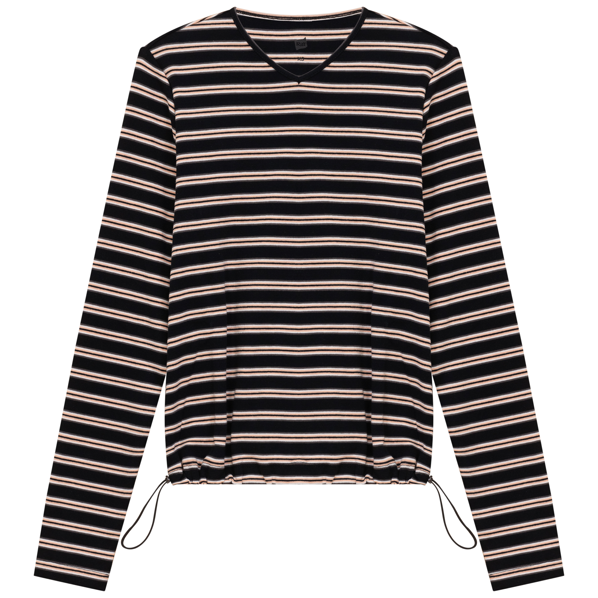 Ribbed Striped V Neck Tee With Bungee Rope in Black Peach by Riff