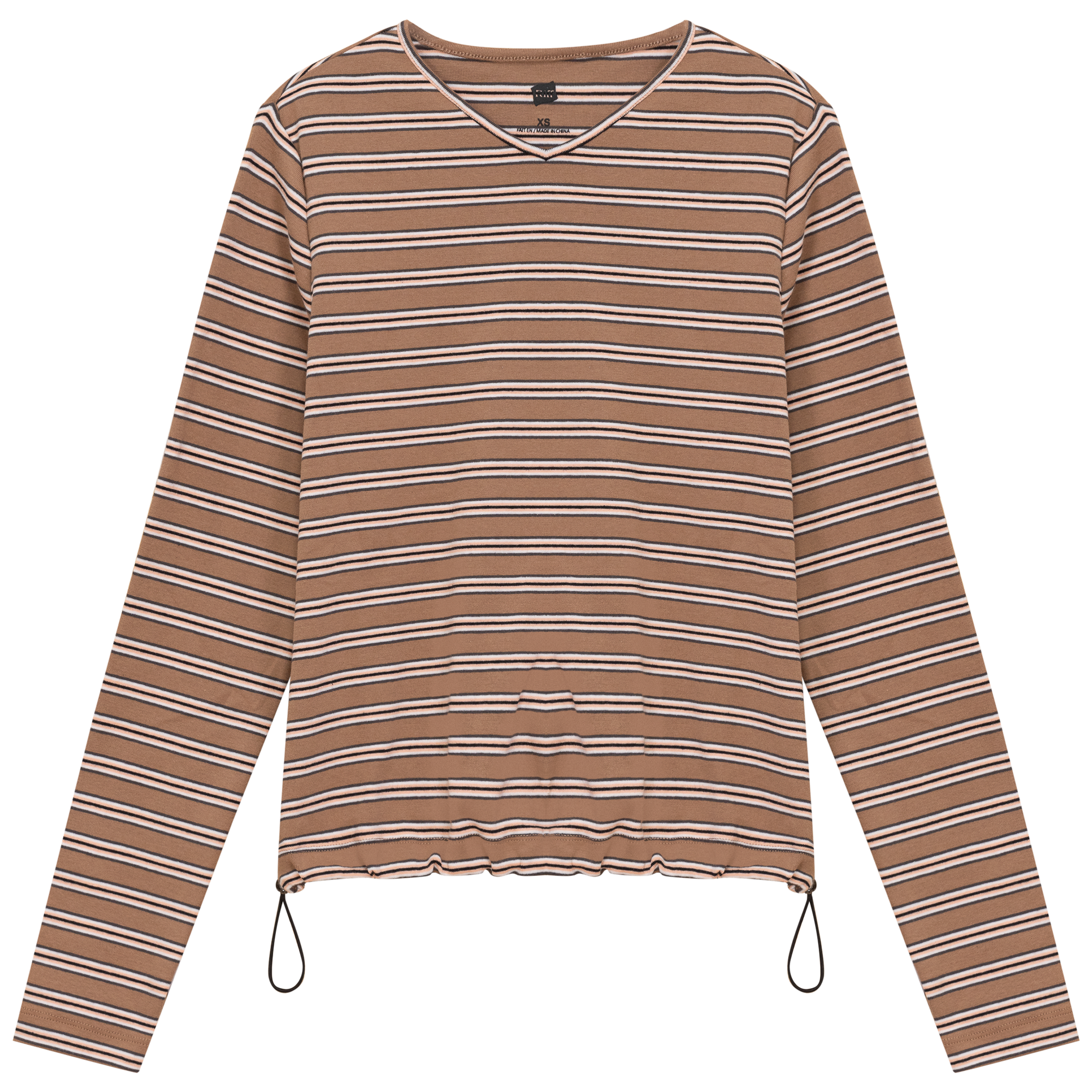 Ribbed Striped V Neck Tee With Bungee Rope in Mocha Peach by Riff