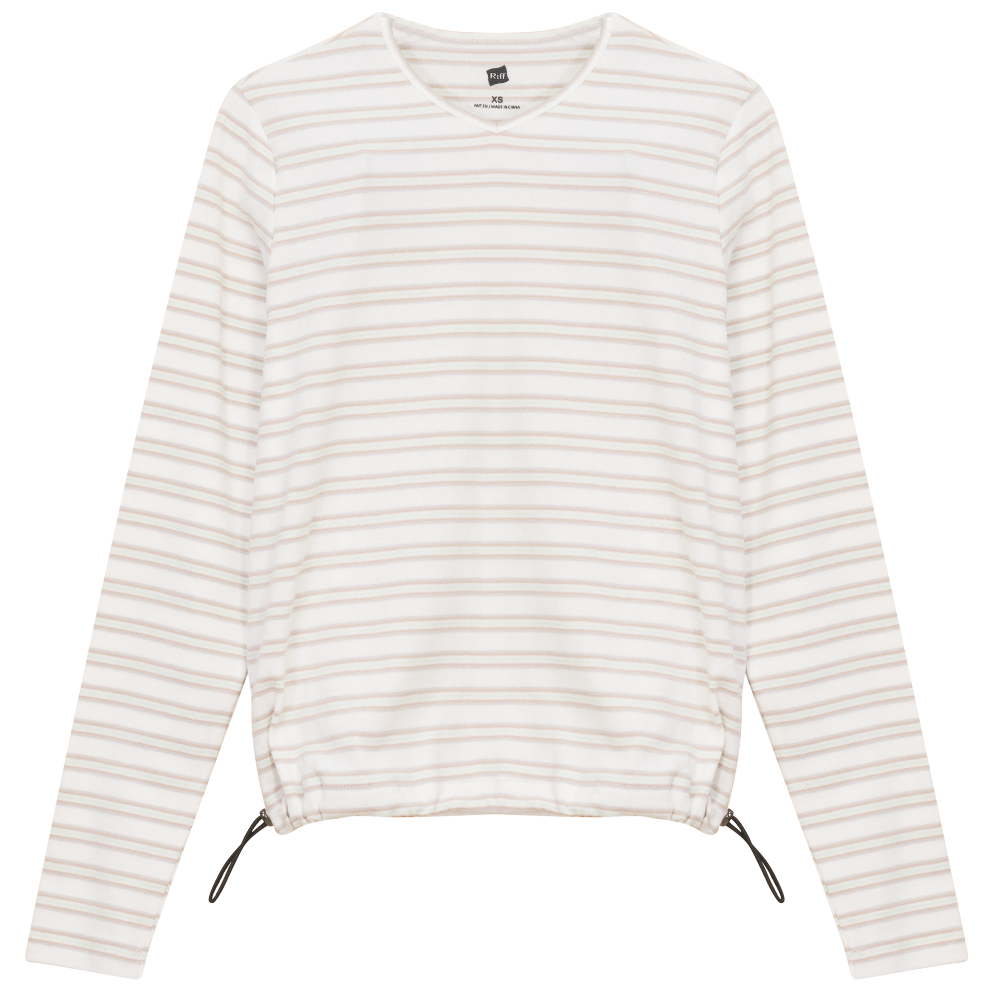 Ribbed Striped V Neck Tee With Bungee Rope in White Stone by Riff