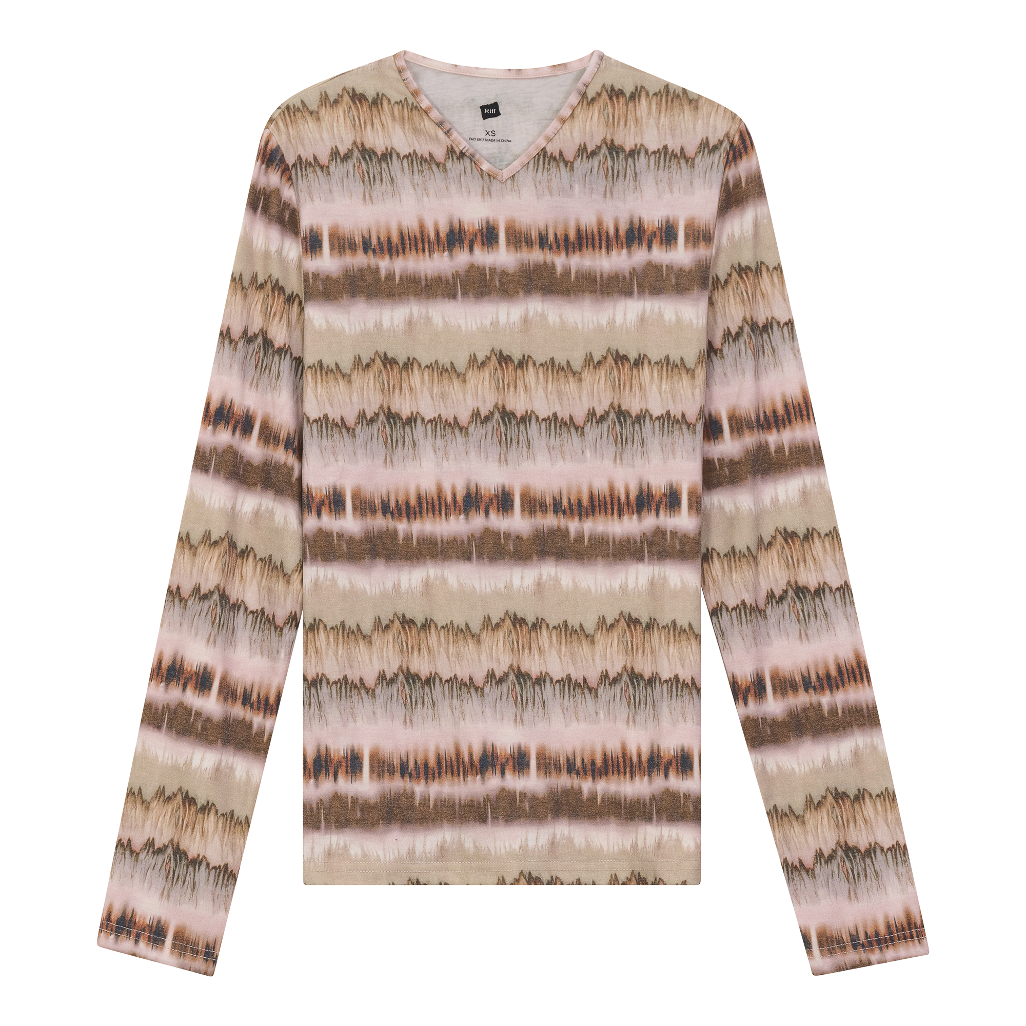 Wave Printed V Neck Tee in Mocha by Riff