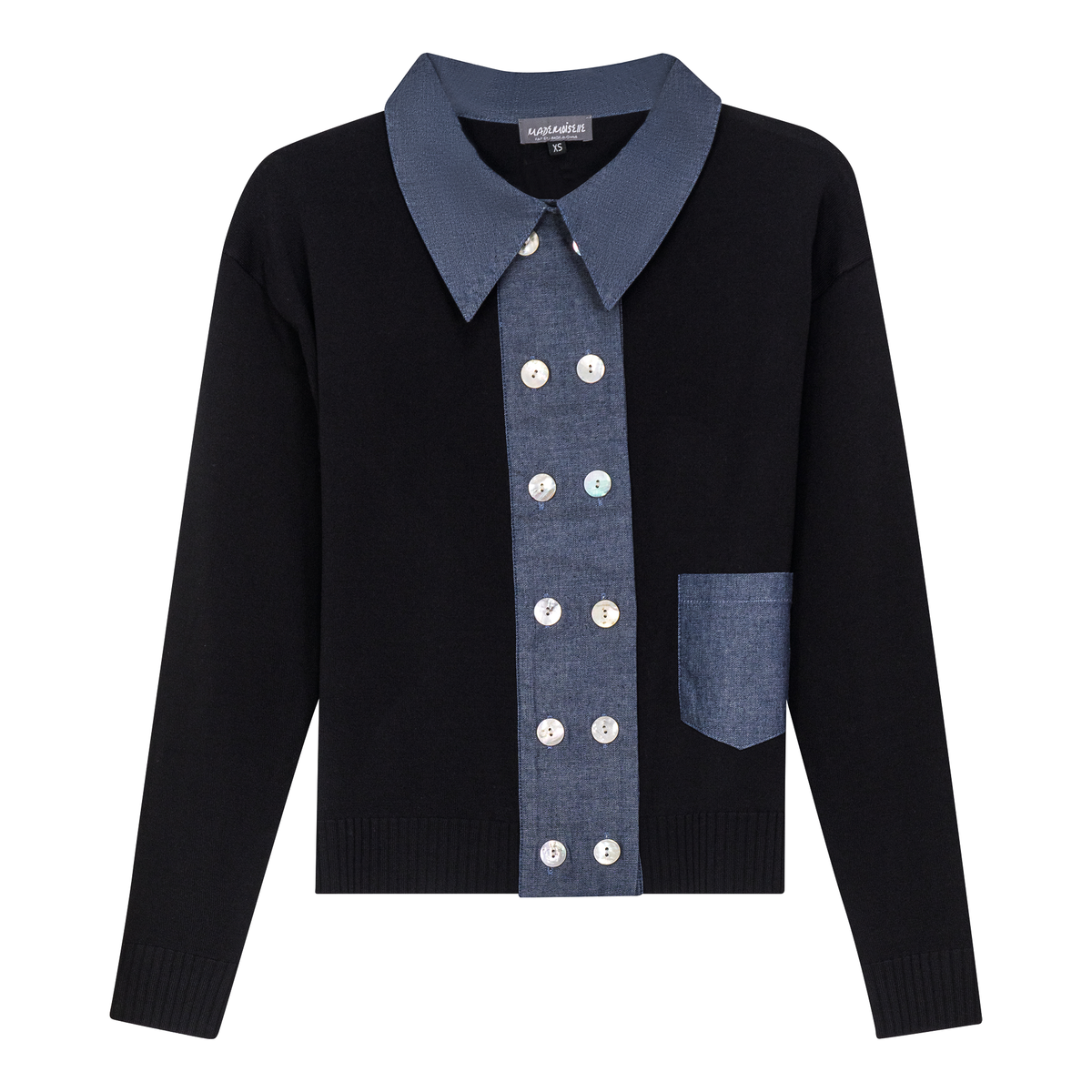 Double Breasted Knit Combo Sweater in Black by Mademoiselle