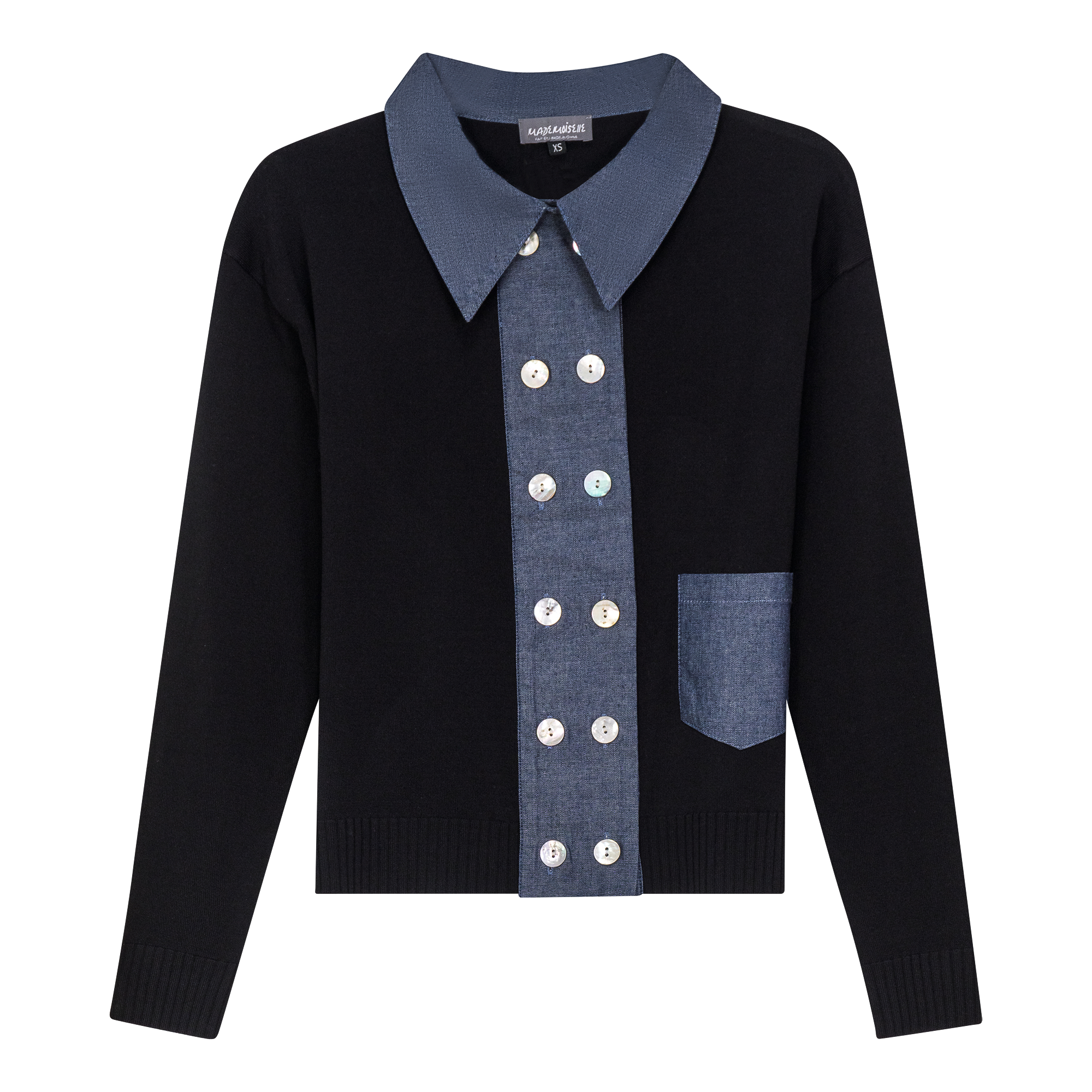 Double Breasted Knit Combo Sweater in Black by Mademoiselle