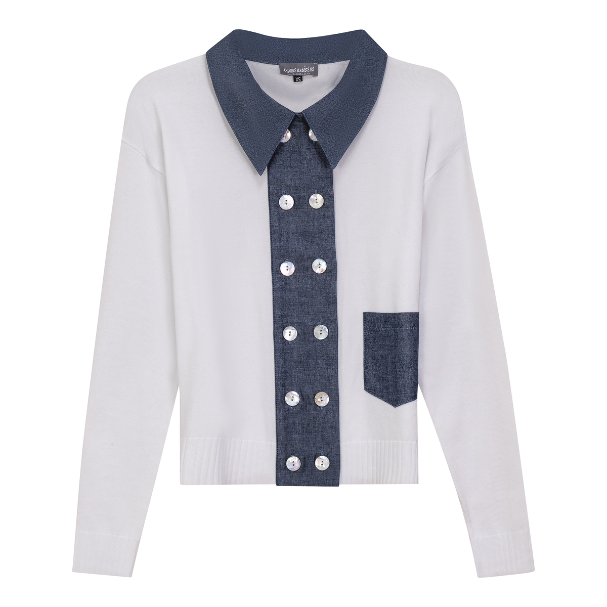 Double Breasted Knit Combo Sweater in White by Mademoiselle