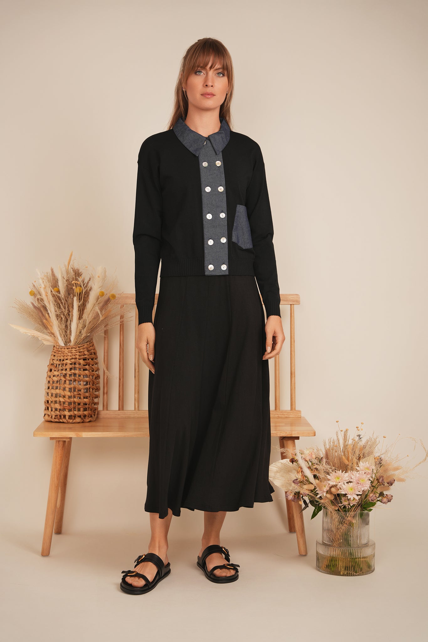 Double Breasted Knit Combo Sweater in by Mademoiselle