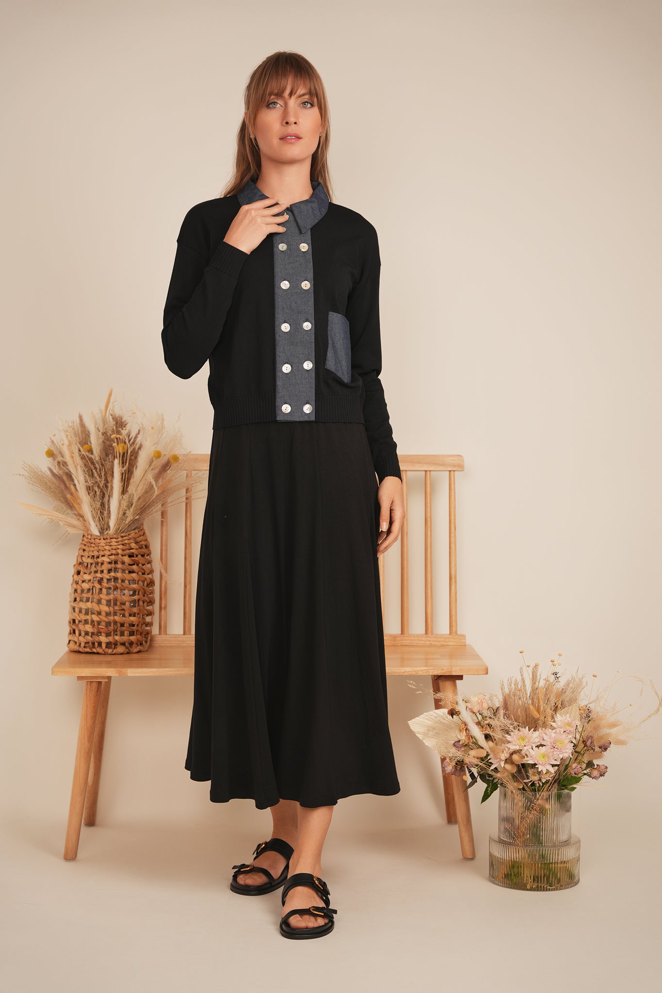 Double Breasted Knit Combo Sweater in by Mademoiselle