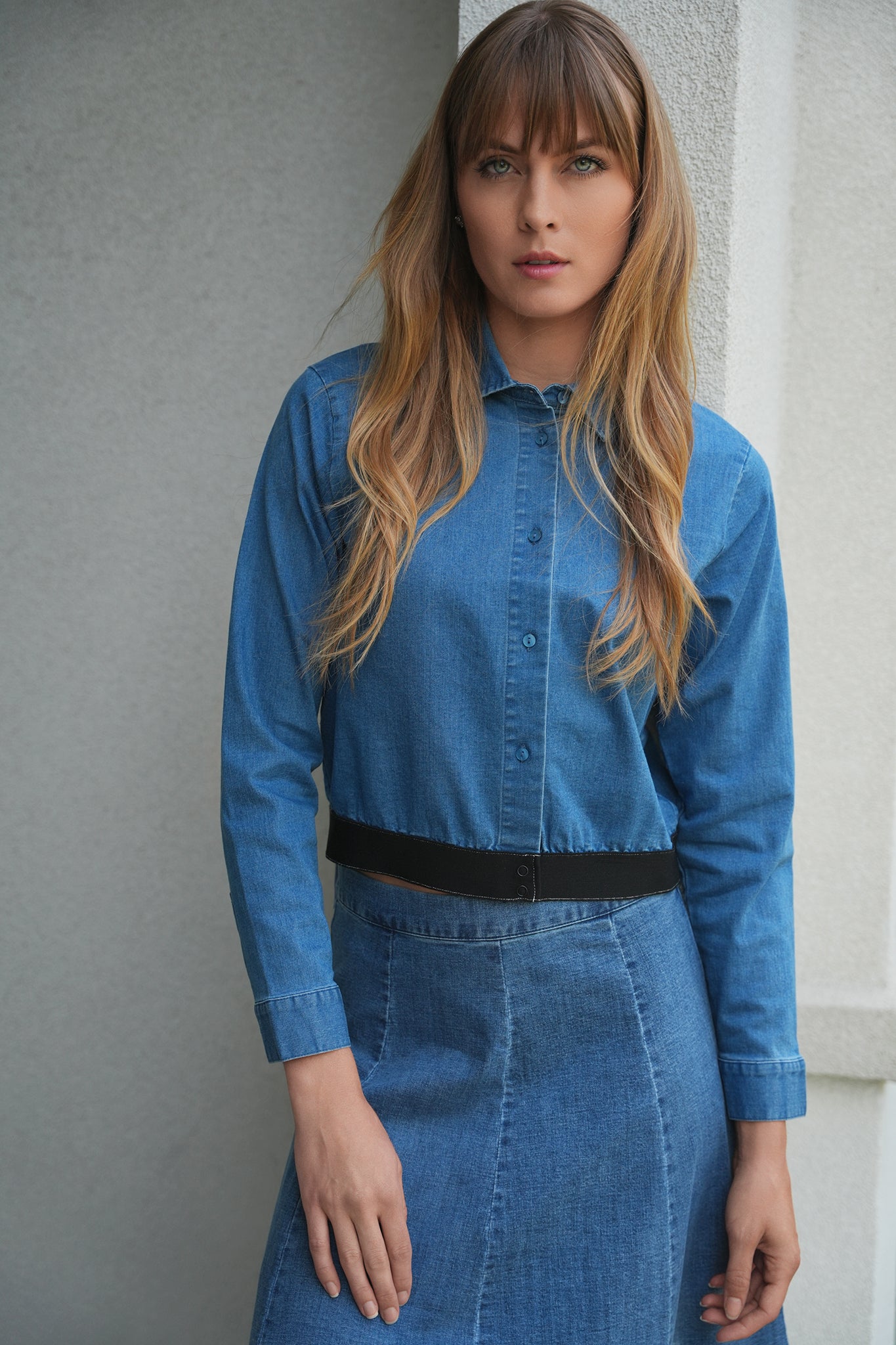 Cropped Denim Elastic Shirt in by Faves