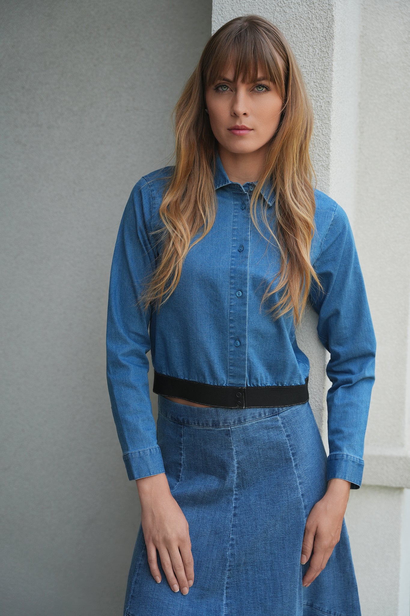 Cropped Denim Elastic Shirt in by Faves