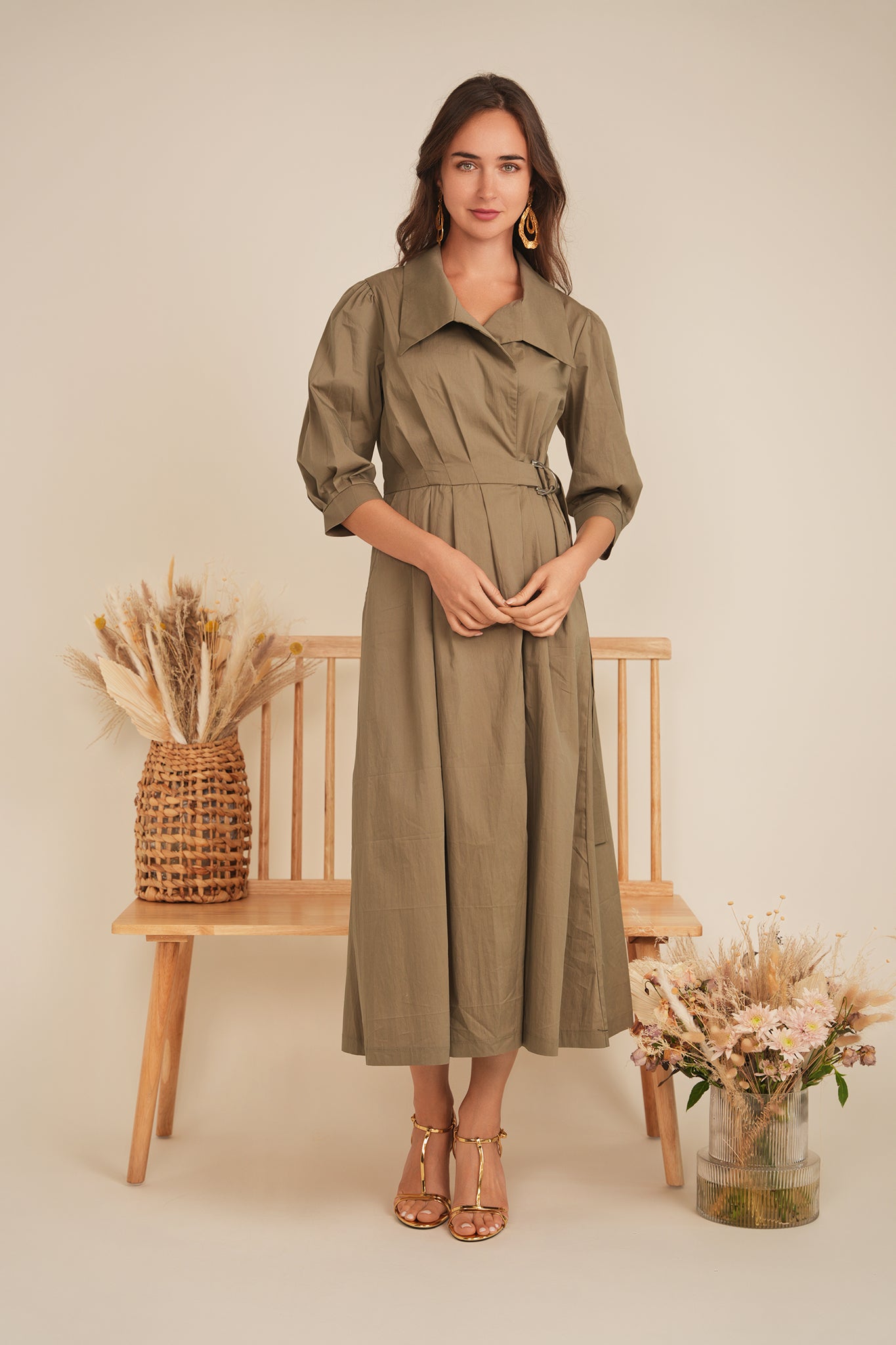 Cotton Midi Wrap Dress - Light Olive / XS Cotton Midi Wrap Dress - Light Olive / XS