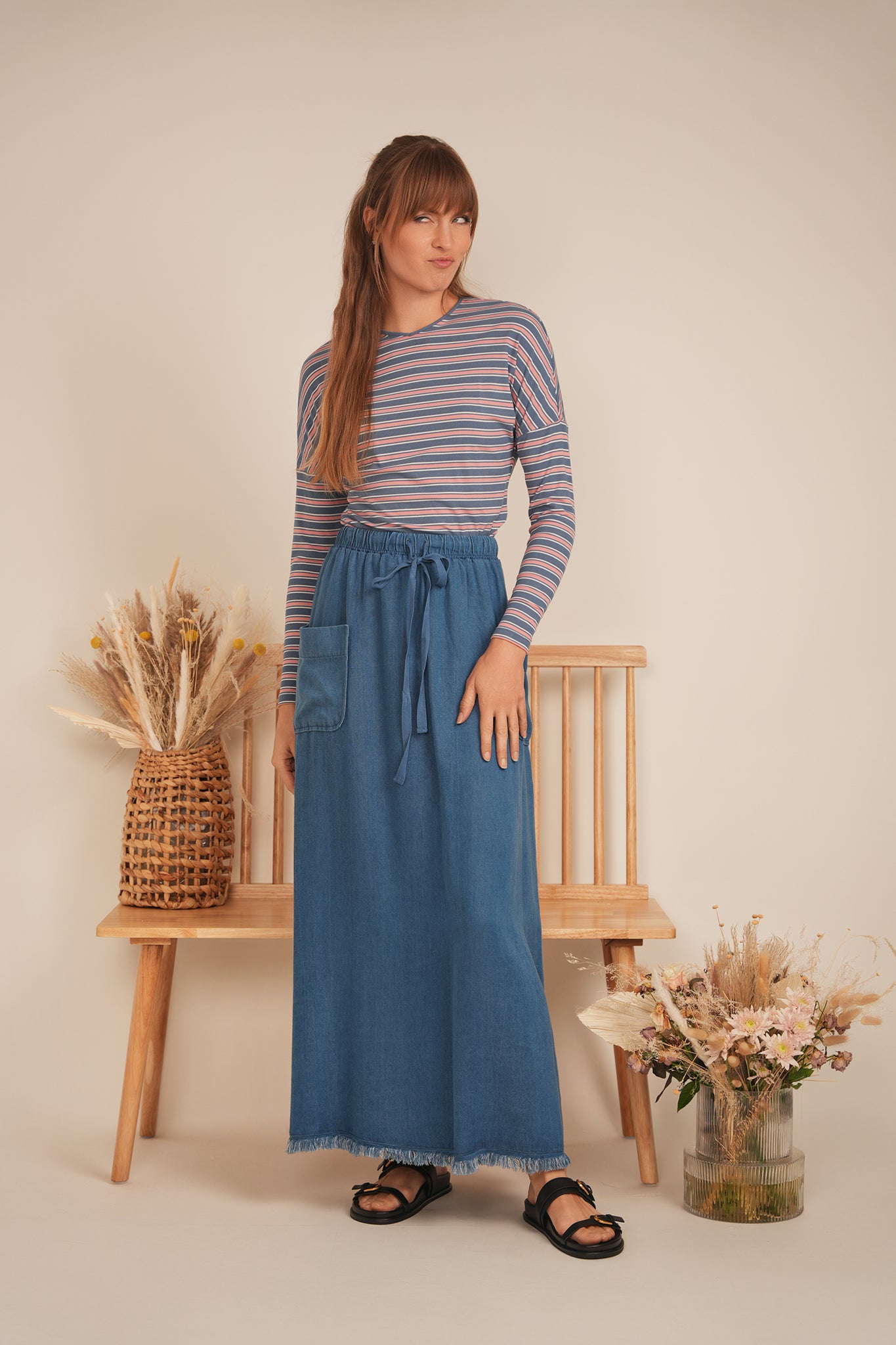 V Neck Dolman Striped Tee in by Dot