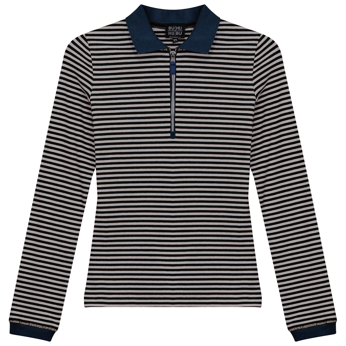 Stripped Ribbed Zipper Henley Tee in Black Chambray by BuHu