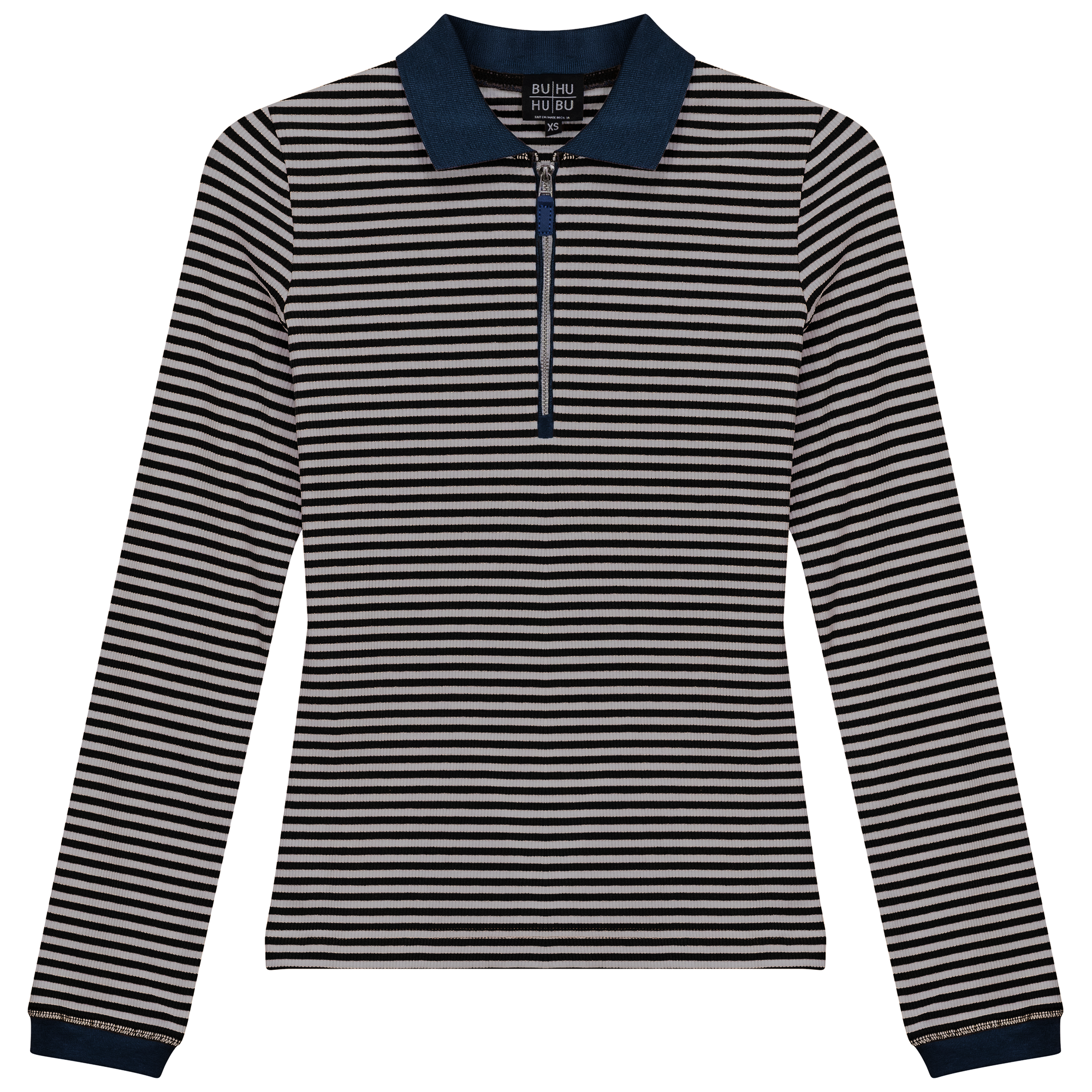 Stripped Ribbed Zipper Henley Tee in Black Chambray by BuHu