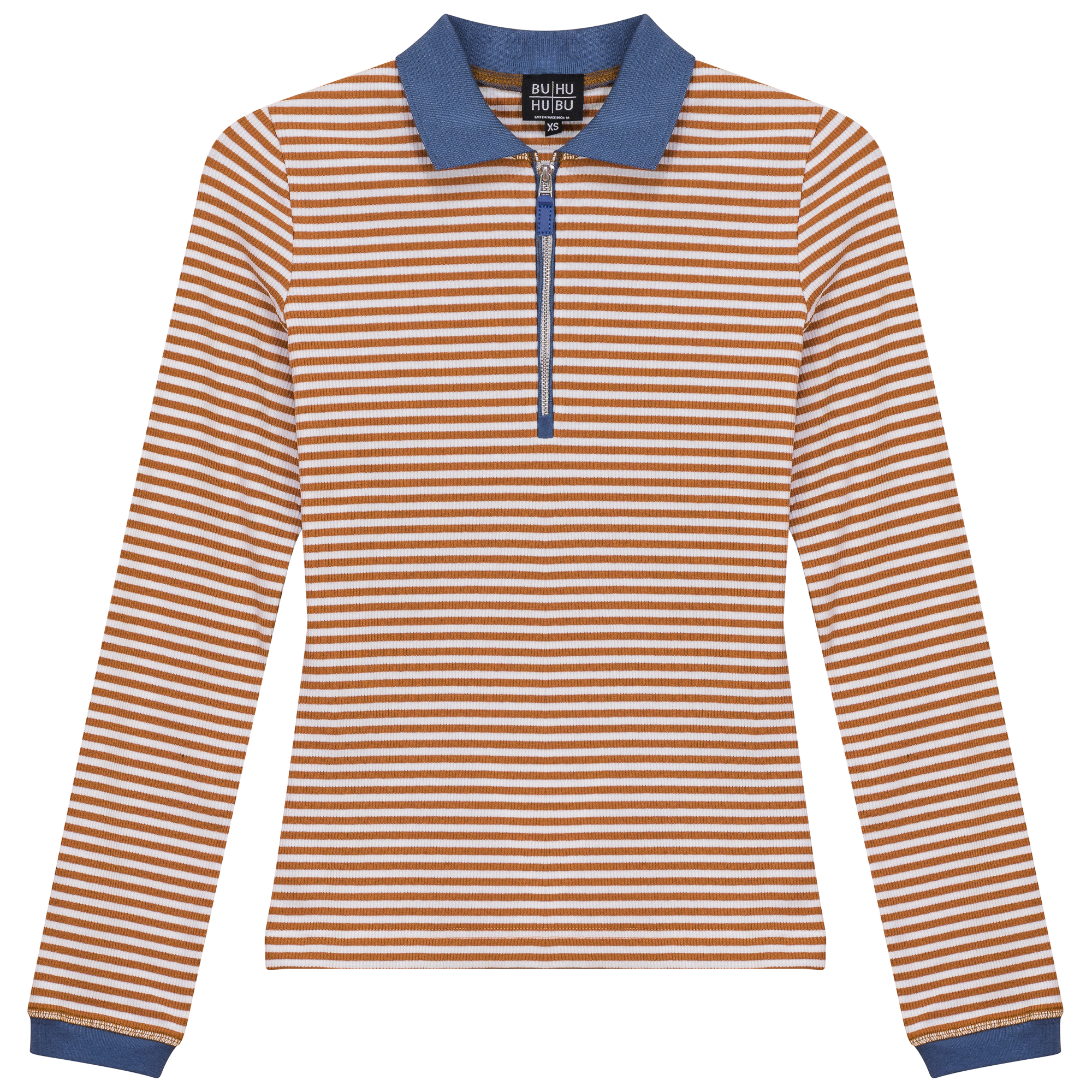 Stripped Ribbed Zipper Henley Tee in Cognac by BuHu