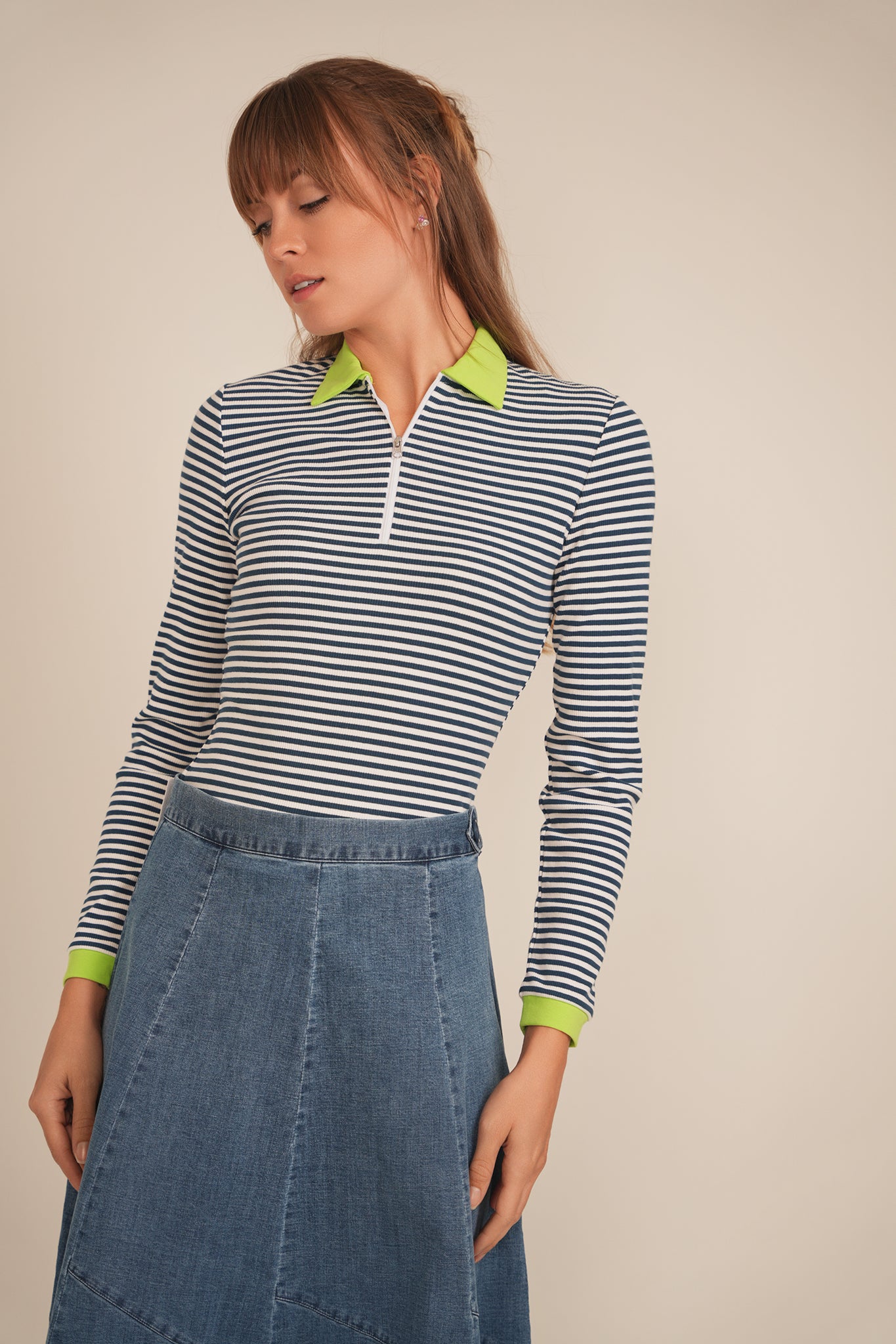 Stripped Ribbed Zipper Henley Tee in by BuHu