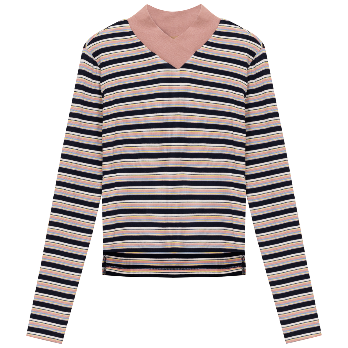 Cropped Striped V Neck Tee in Dark Denim by Positive