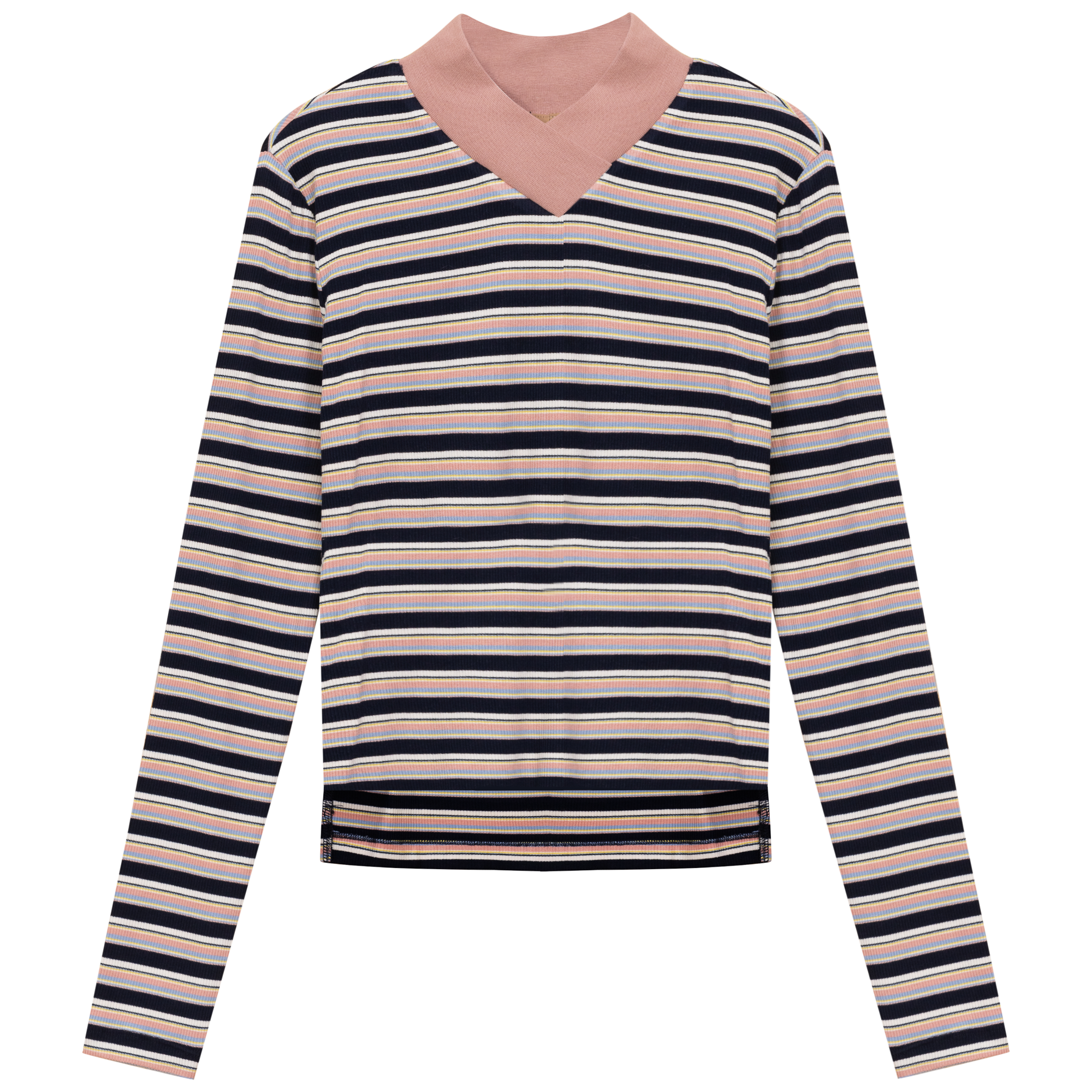 Cropped Striped V Neck Tee in Dark Denim by Positive