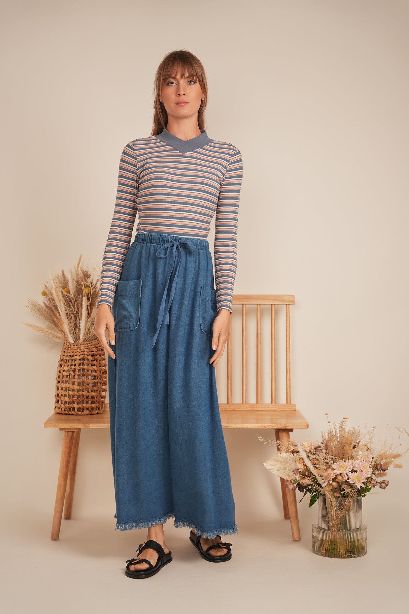 Cropped Striped V Neck Tee in by Positive