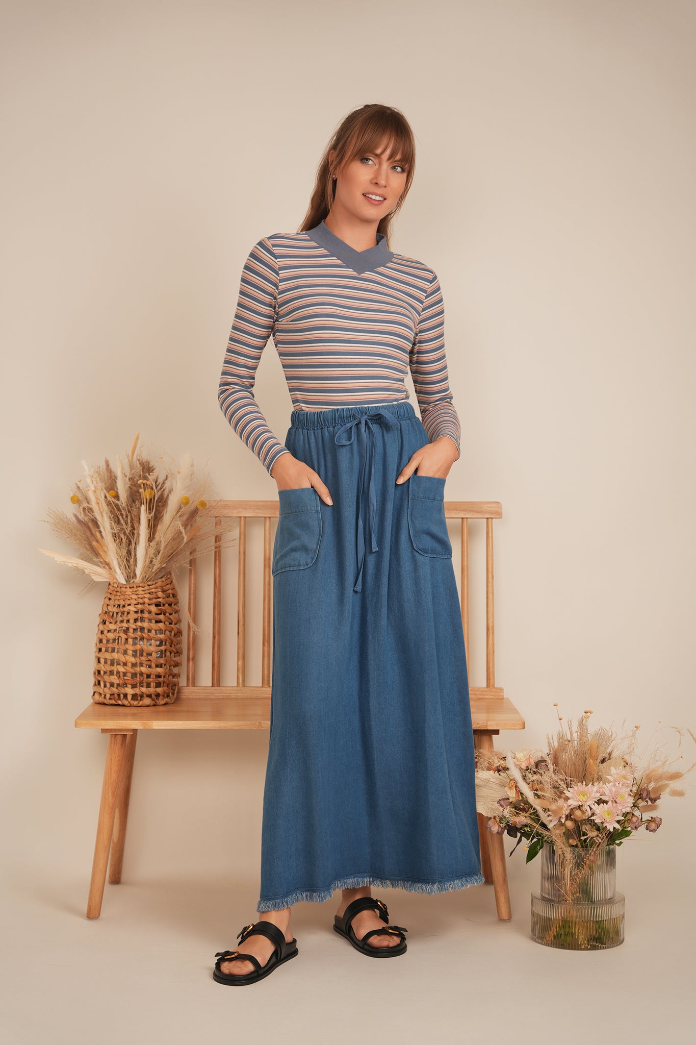 Cropped Striped V Neck Tee in by Positive