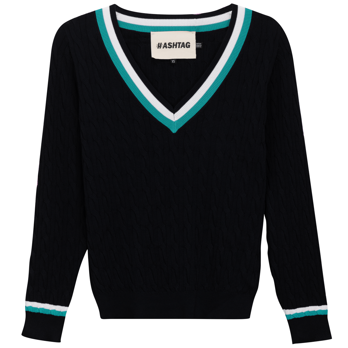 V Neck Cable Sweater in Black by Hashtag