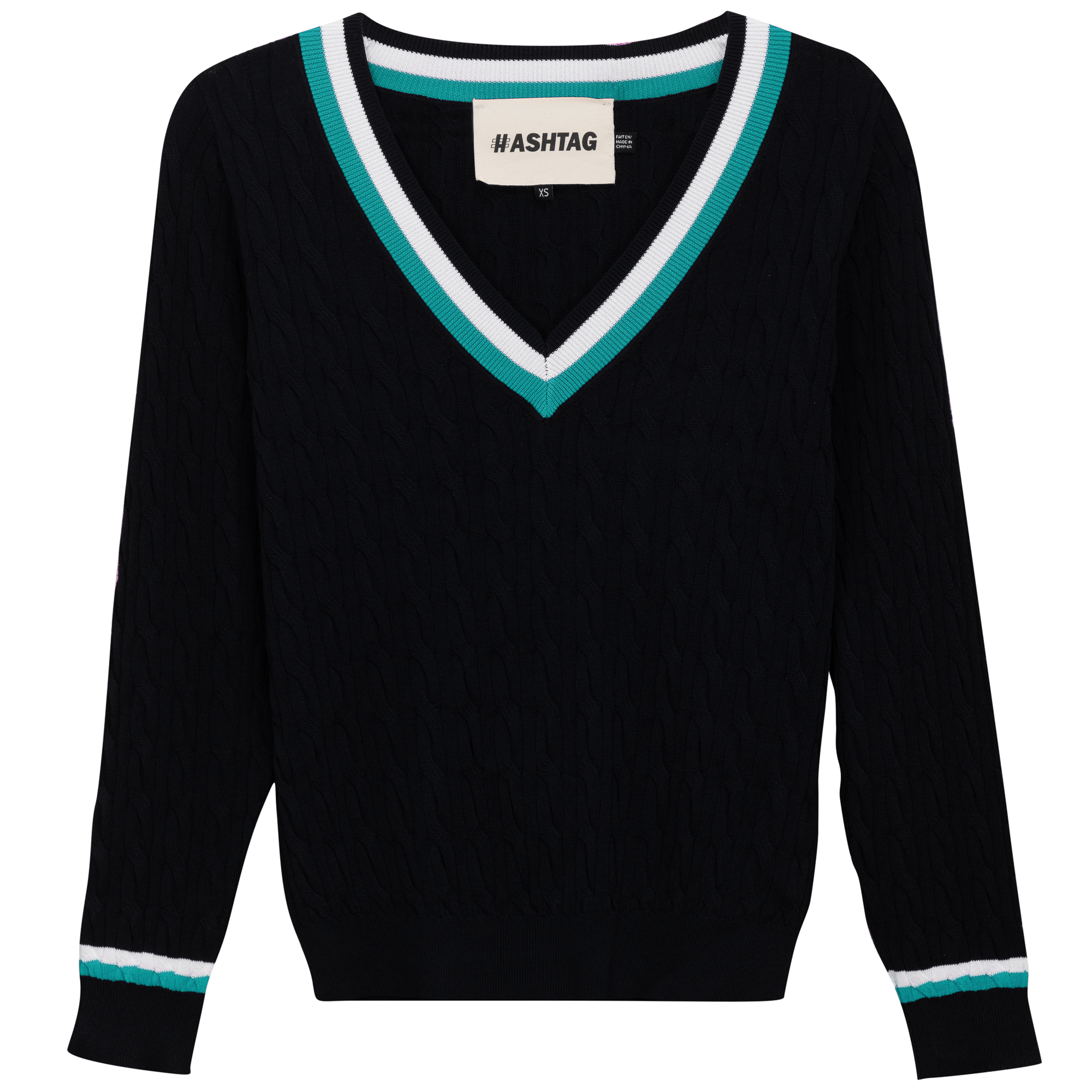 V Neck Cable Sweater in Black by Hashtag