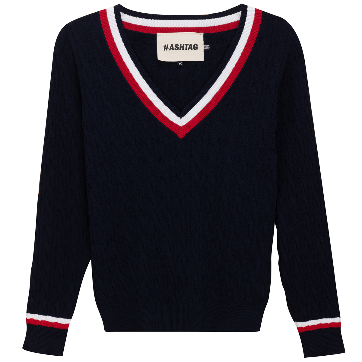 V Neck Cable Sweater in Dark Navy by Hashtag