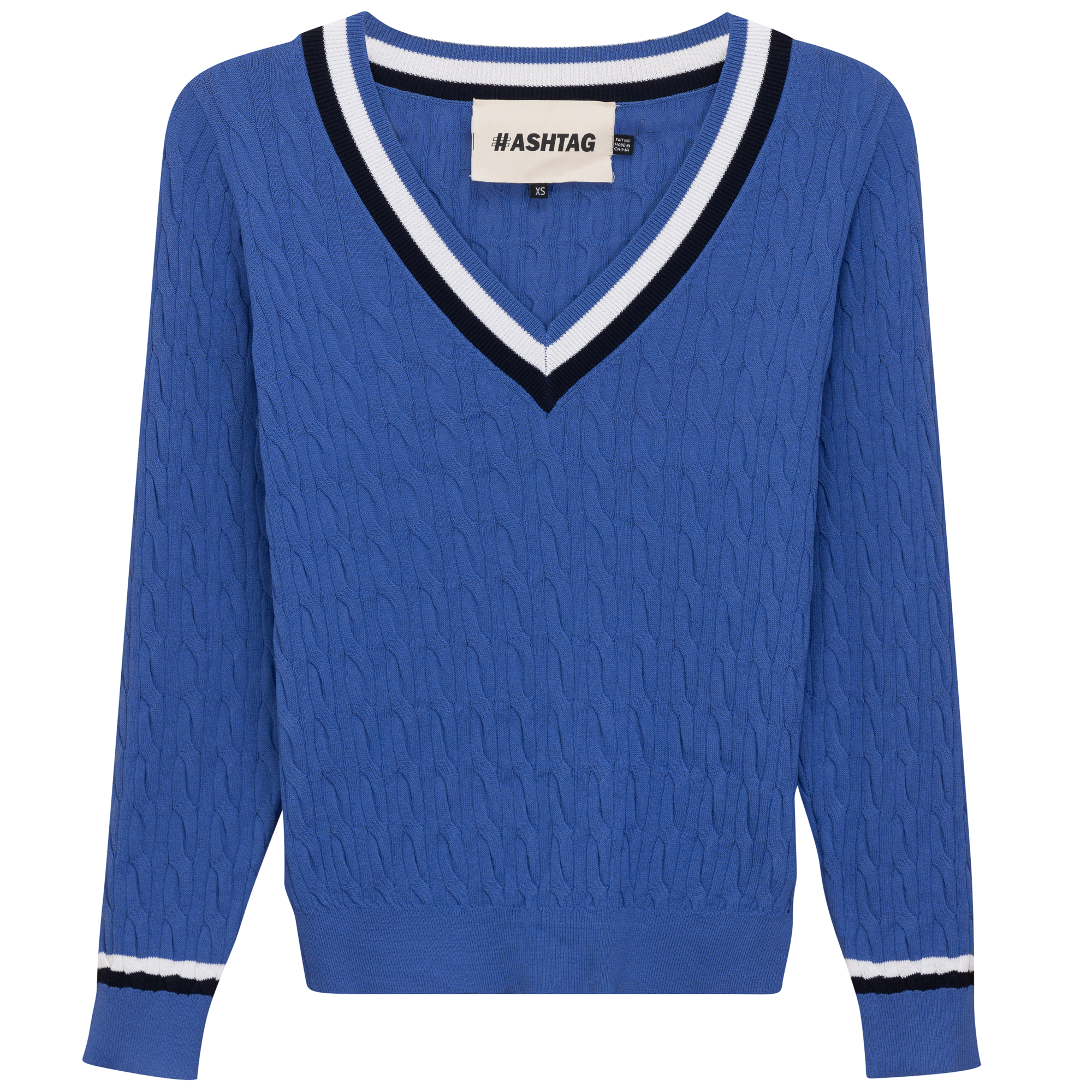 V Neck Cable Sweater in Denim by Hashtag