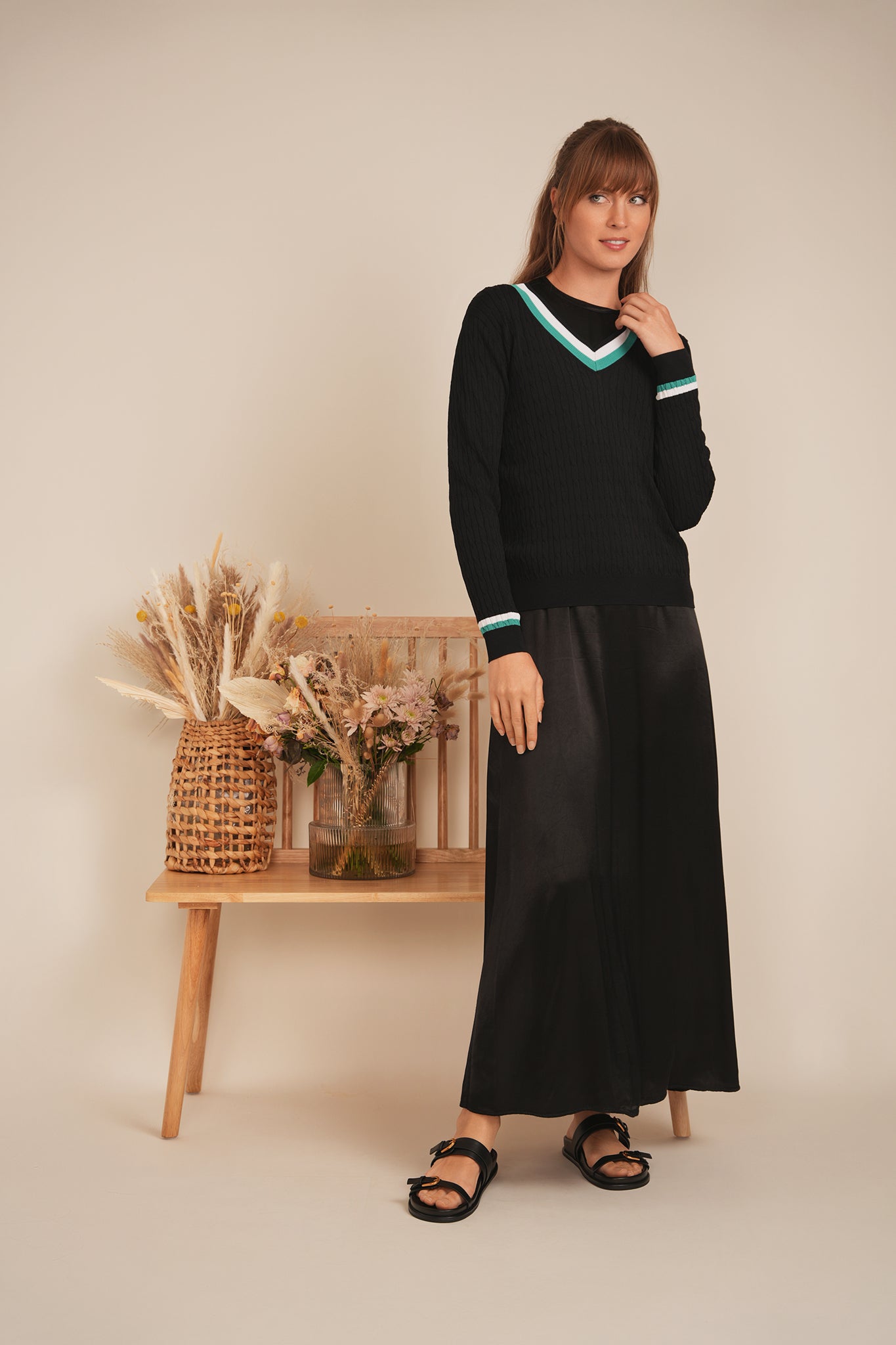 V Neck Cable Sweater in by Hashtag